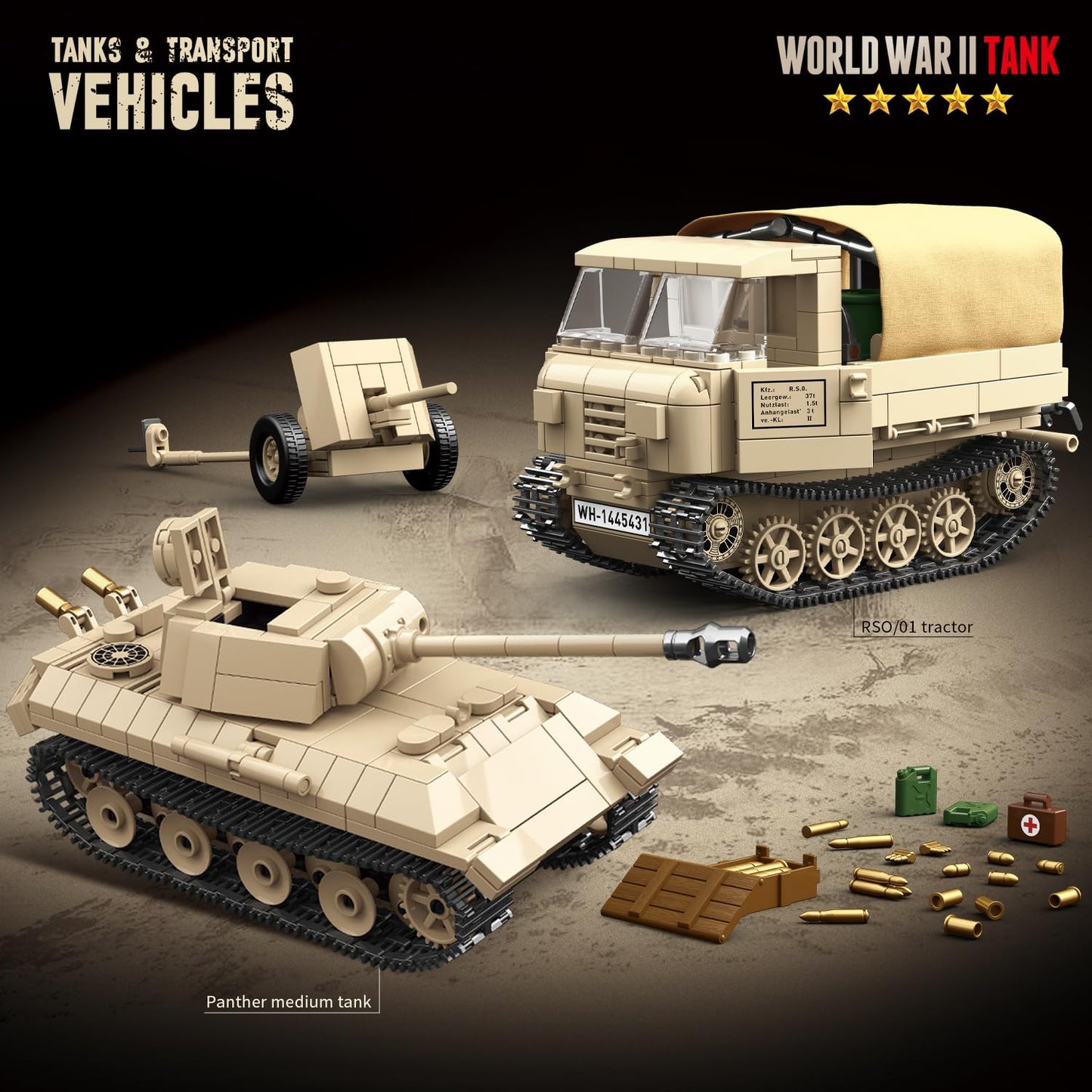 Mkmimo WW2 Panther Tank & RSO Tractor Building Blocks – 1078 Pieces, Compatible with Lego Military Sets