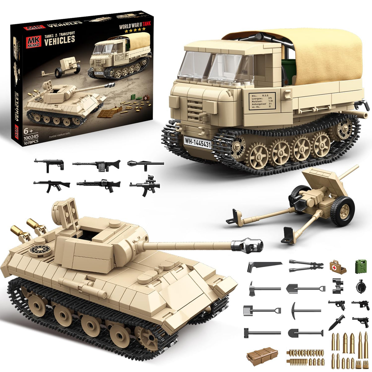 Mkmimo WW2 Panther Tank & RSO Tractor Building Blocks – 1078 Pieces, Compatible with Lego Military Sets