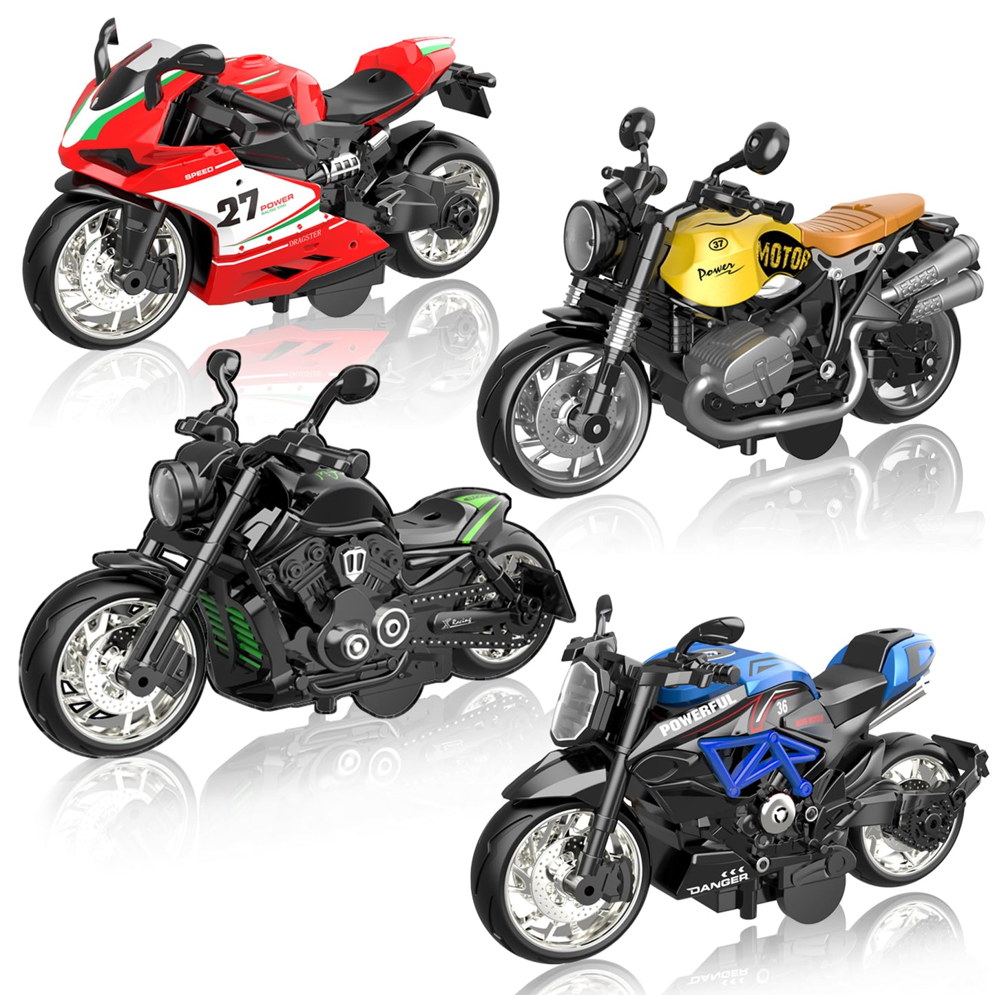 MLcnleS Alloy Diecast Motorcycle 4-Pack – 1:12 Scale with Lights & Sounds
