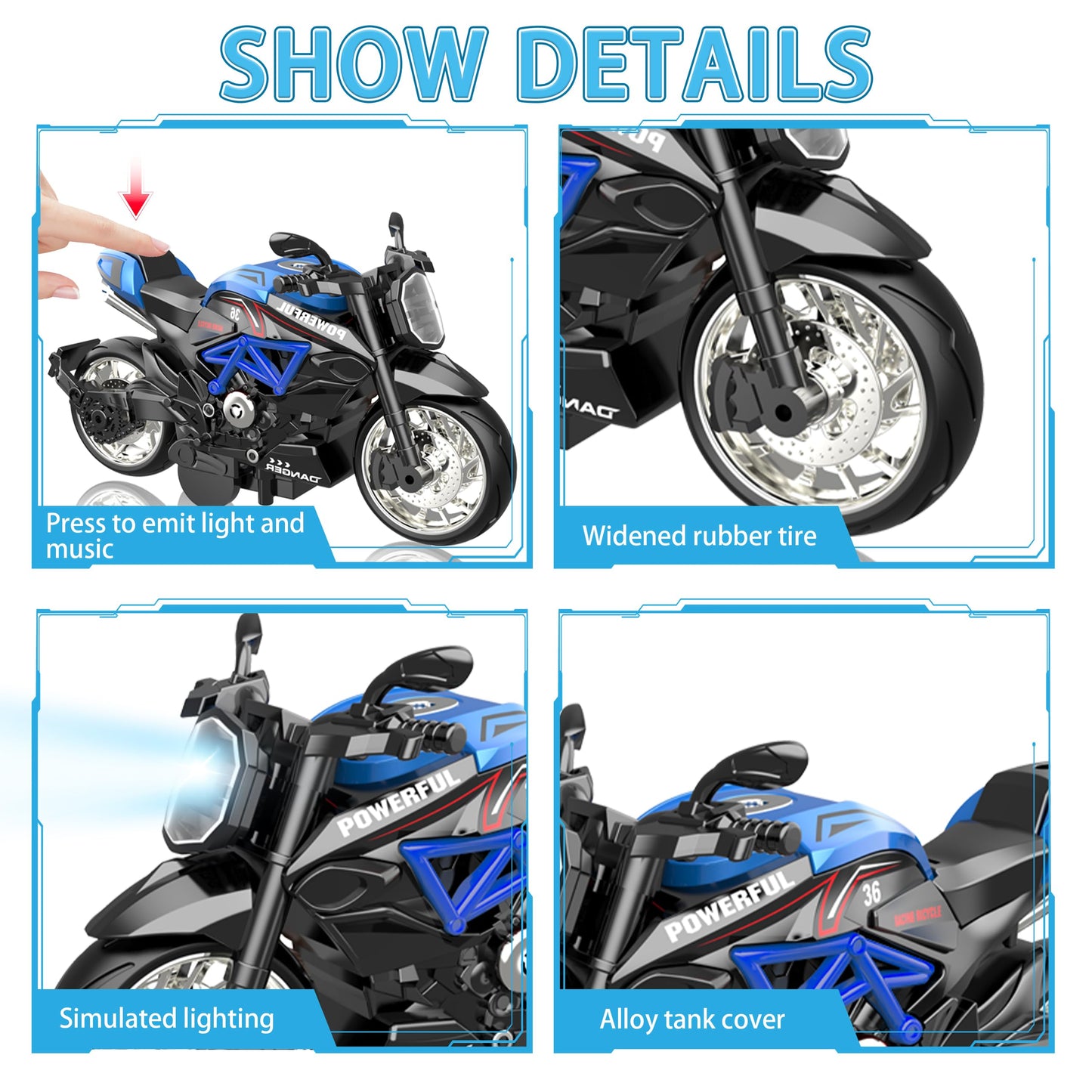 MLcnleS Alloy Diecast Motorcycle 4-Pack – 1:12 Scale with Lights & Sounds
