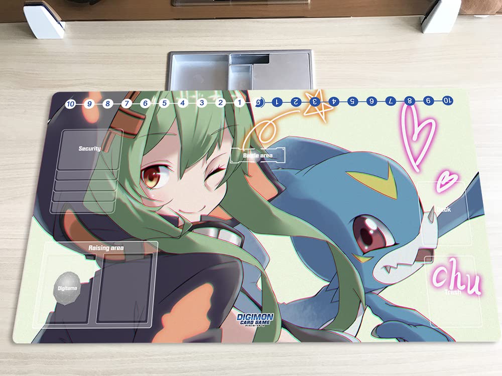 Mlikemat Digimon DTCG Playmat Shinomiya Rina & Veemon – ZD002-913-SM, Portable Rubber-Fabric Mat with Free Bag