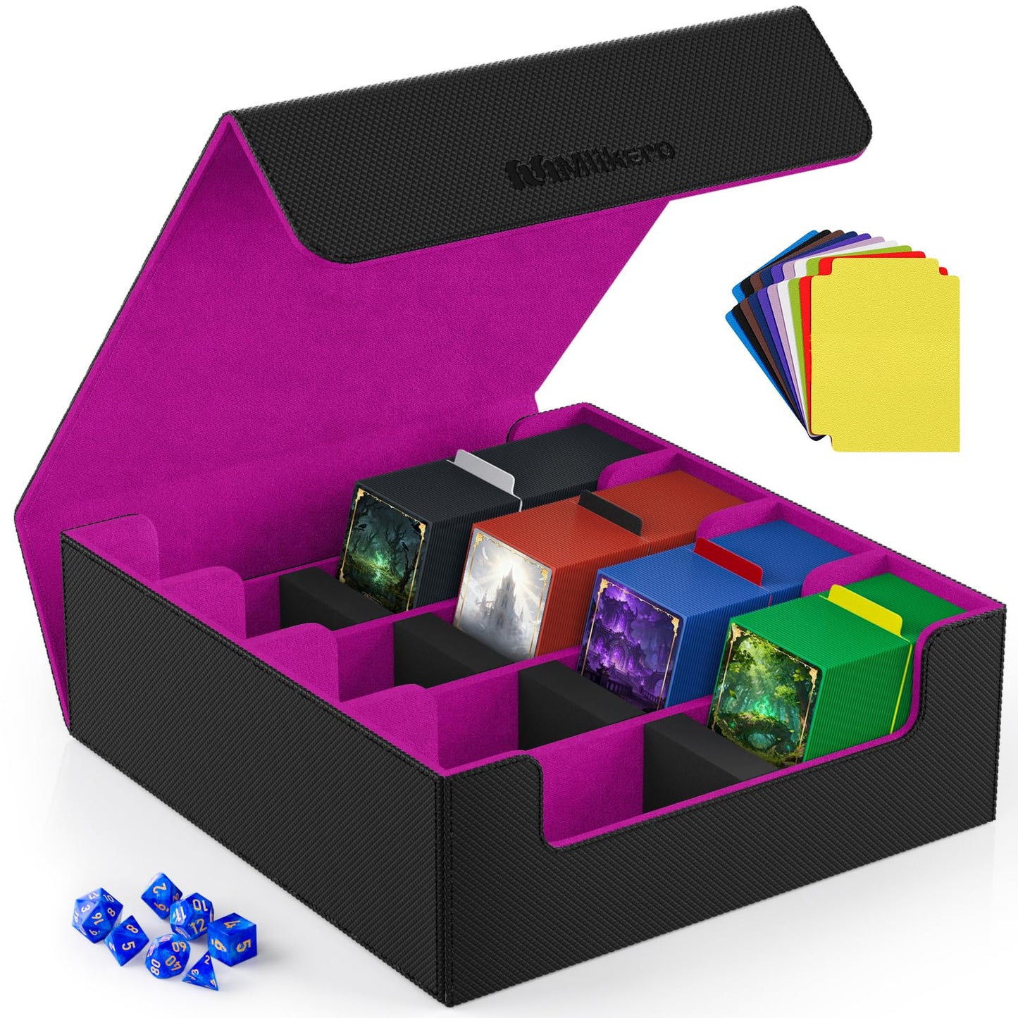 Mlikero Card Deck Box – 2400+ Card Capacity, Magnetic Closure, 10 Dividers, 4 Rows, Black & Purple