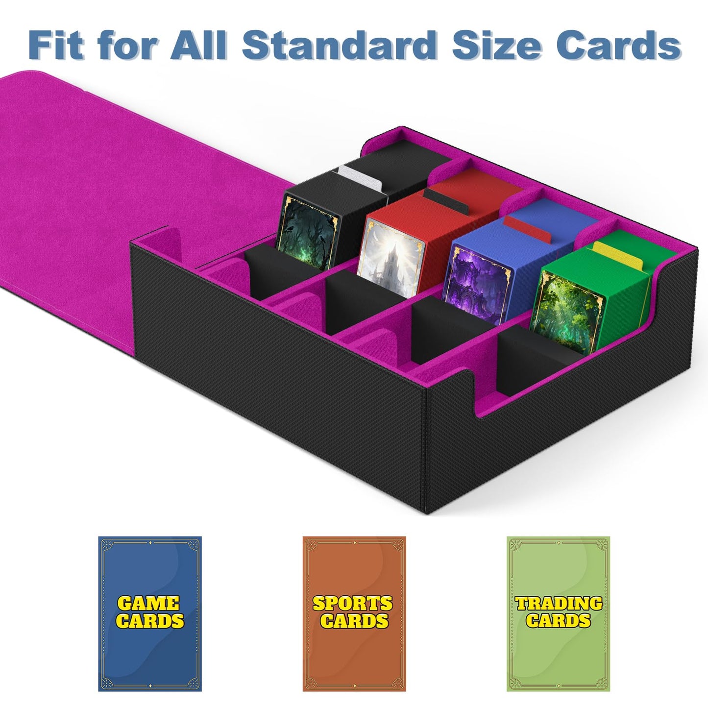 Mlikero Card Deck Box – 2400+ Card Capacity, Magnetic Closure, 10 Dividers, 4 Rows, Black & Purple