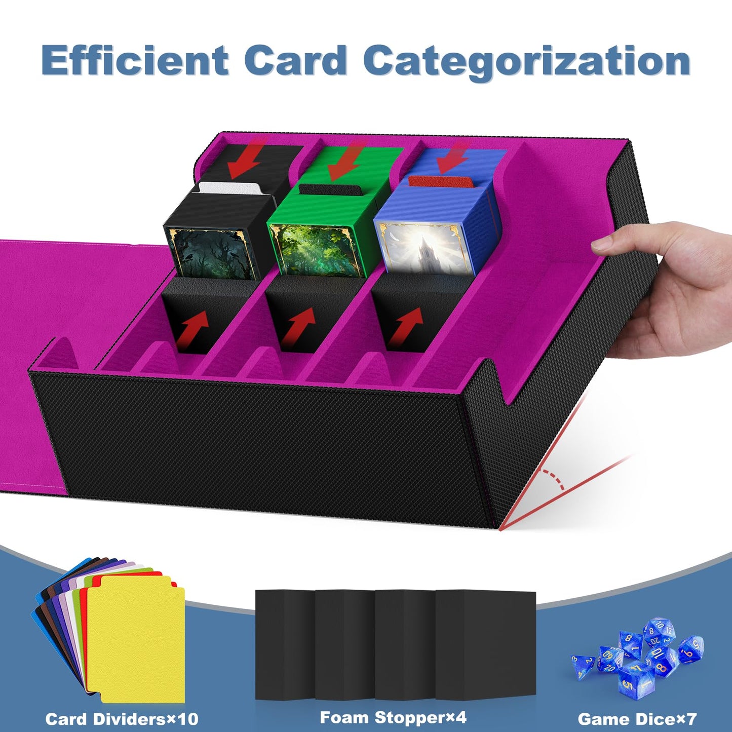 Mlikero Card Deck Box – 2400+ Card Capacity, Magnetic Closure, 10 Dividers, 4 Rows, Black & Purple