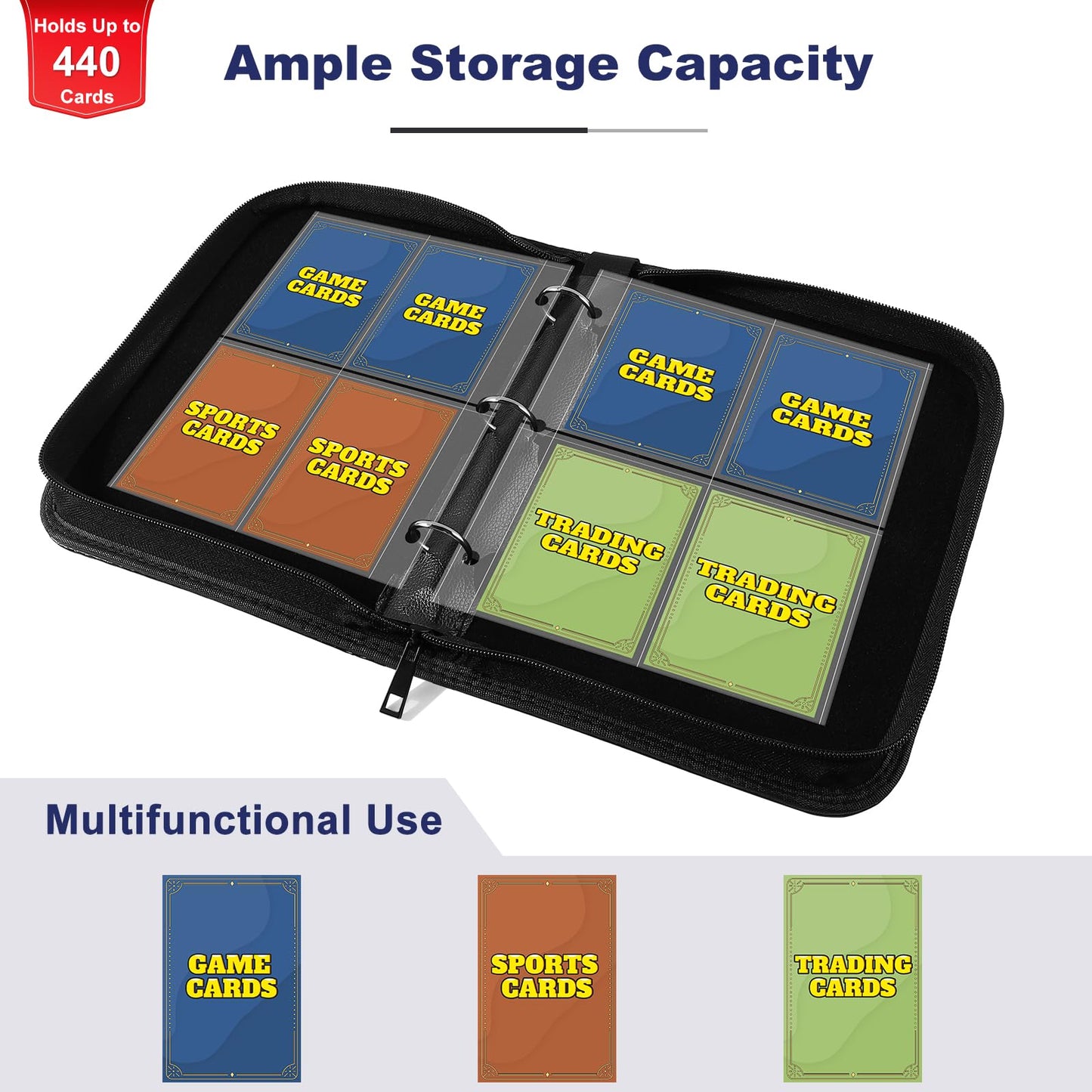Mlikero 4-Pocket Trading Card Binder - 440 Card Capacity, PU Leather, Waterproof, Black