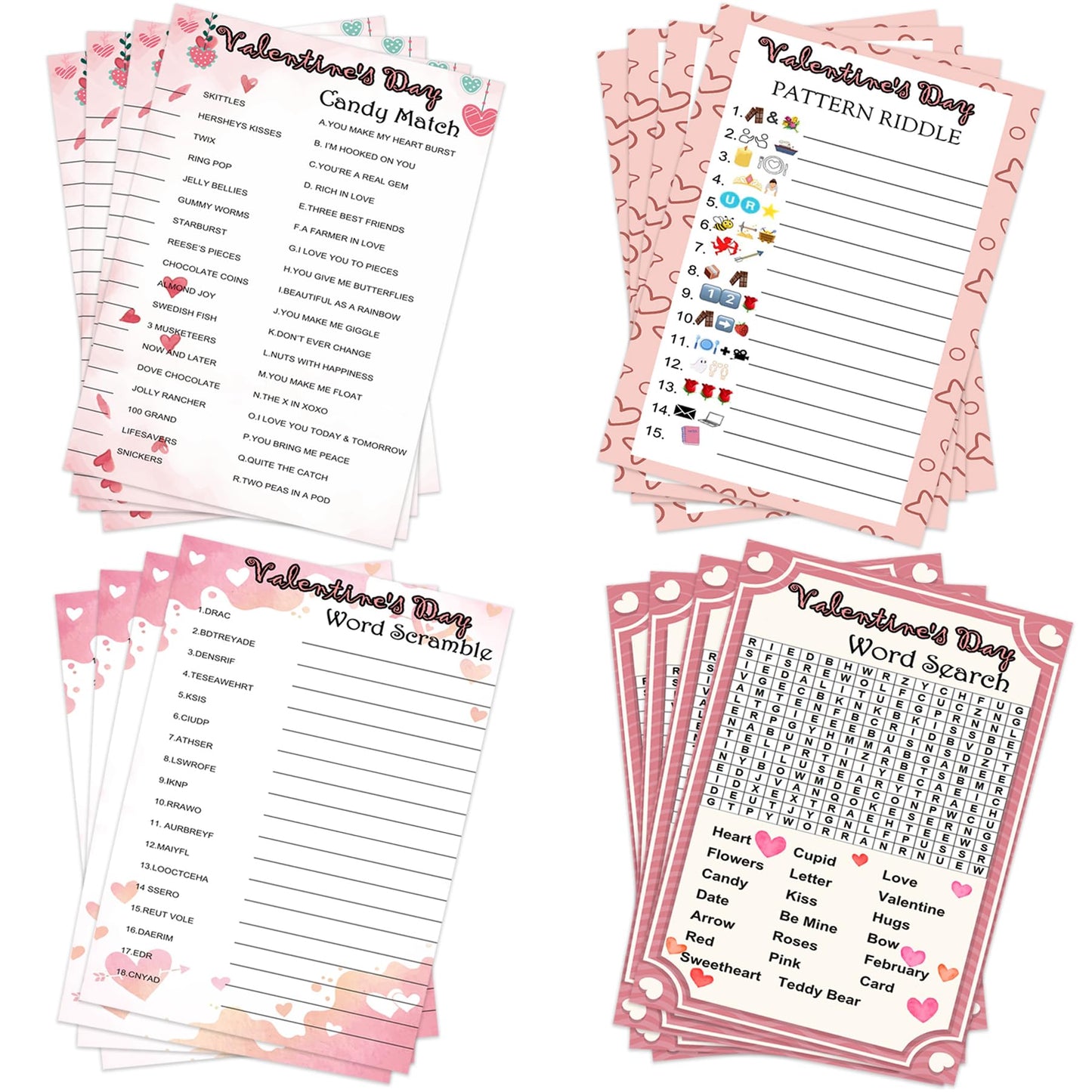 MLOLM 104Pcs Valentines Party Games Card – Word Search, Word Scramble & Classroom Fun