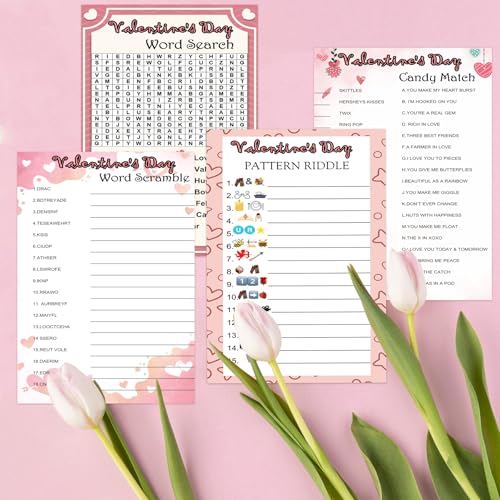 MLOLM 104Pcs Valentines Party Games Card – Word Search, Word Scramble & Classroom Fun