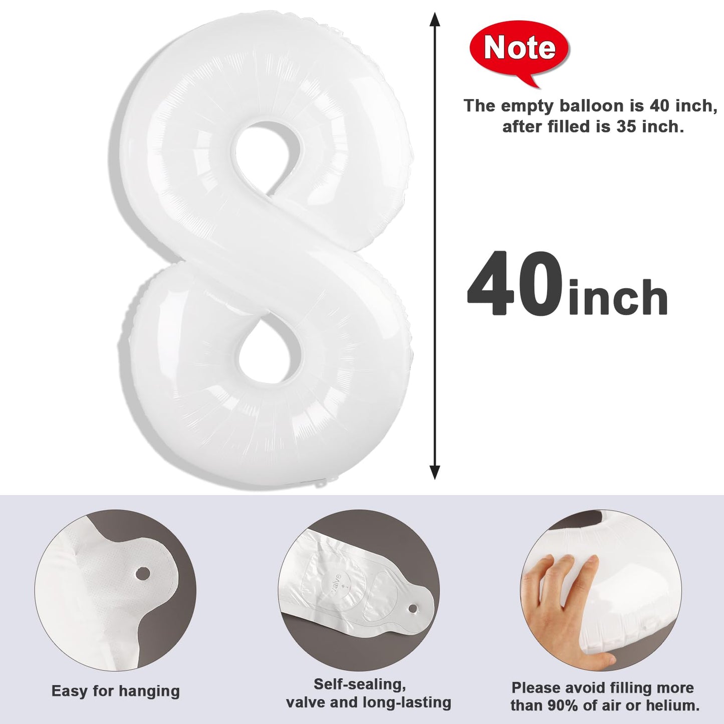 Mluchee 40-Inch Number 8 Balloon White – Giant Birthday, Wedding & Graduation Decor