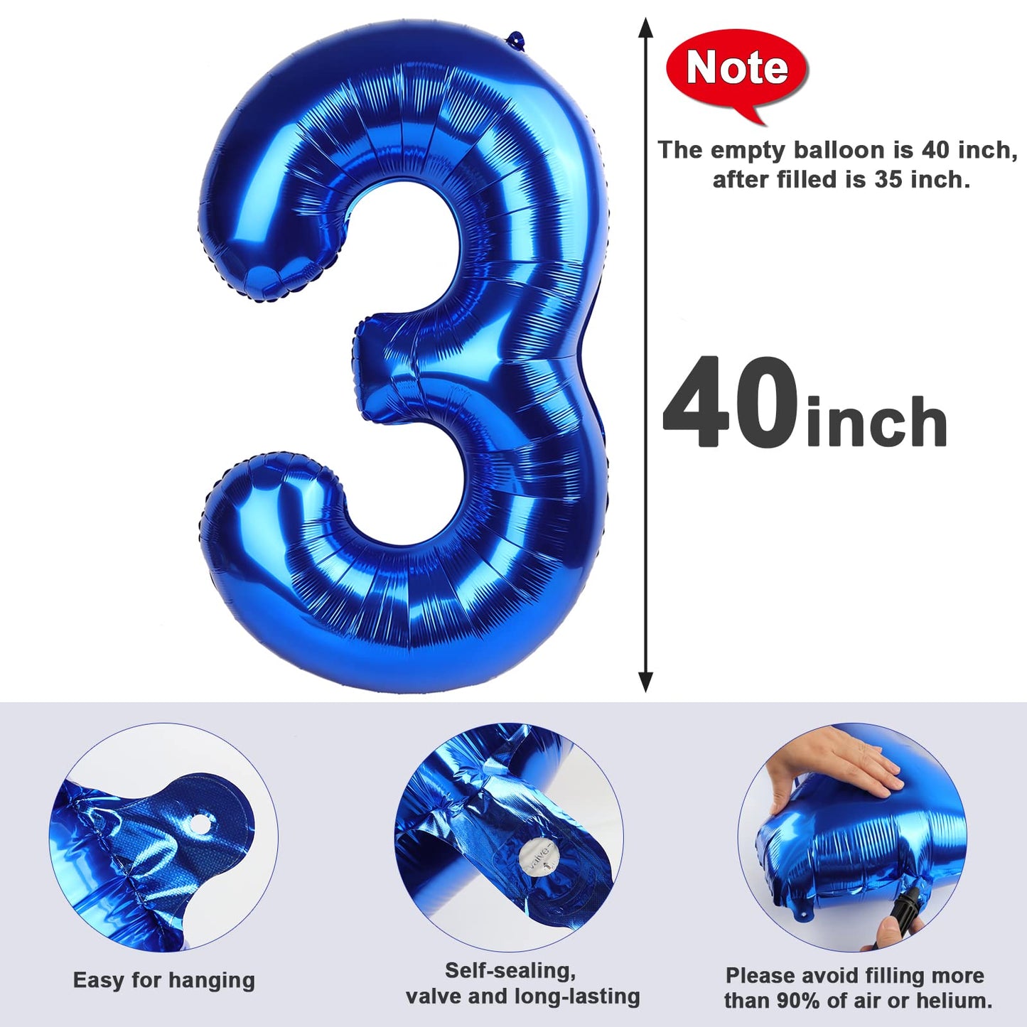Mluchee 40-Inch Navy Blue Number 3 Balloon | Giant 3rd Birthday Party Decor