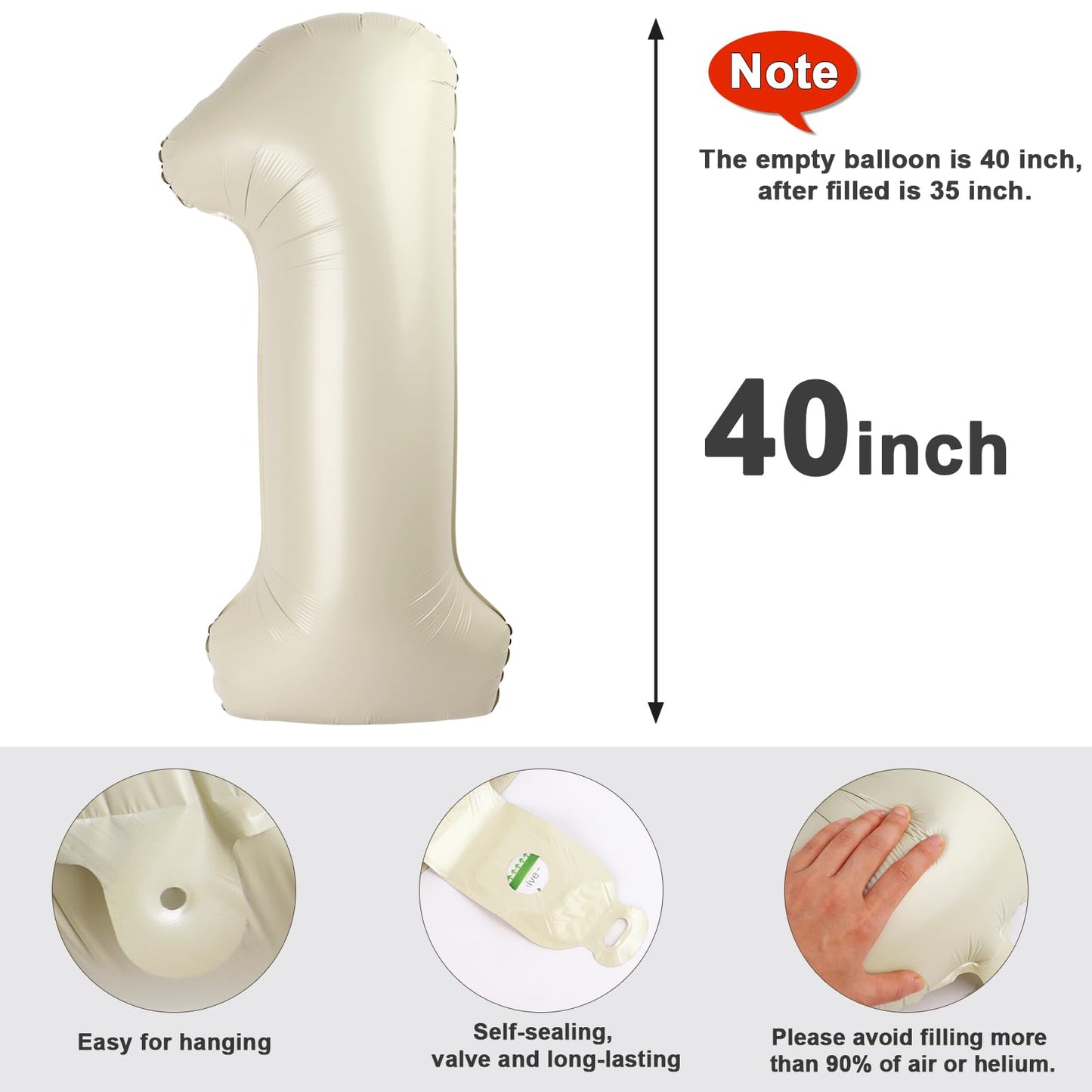 Mluchee 40-Inch Number Balloon – Cream White Giant Birthday Decor for 1st Birthday & Photos