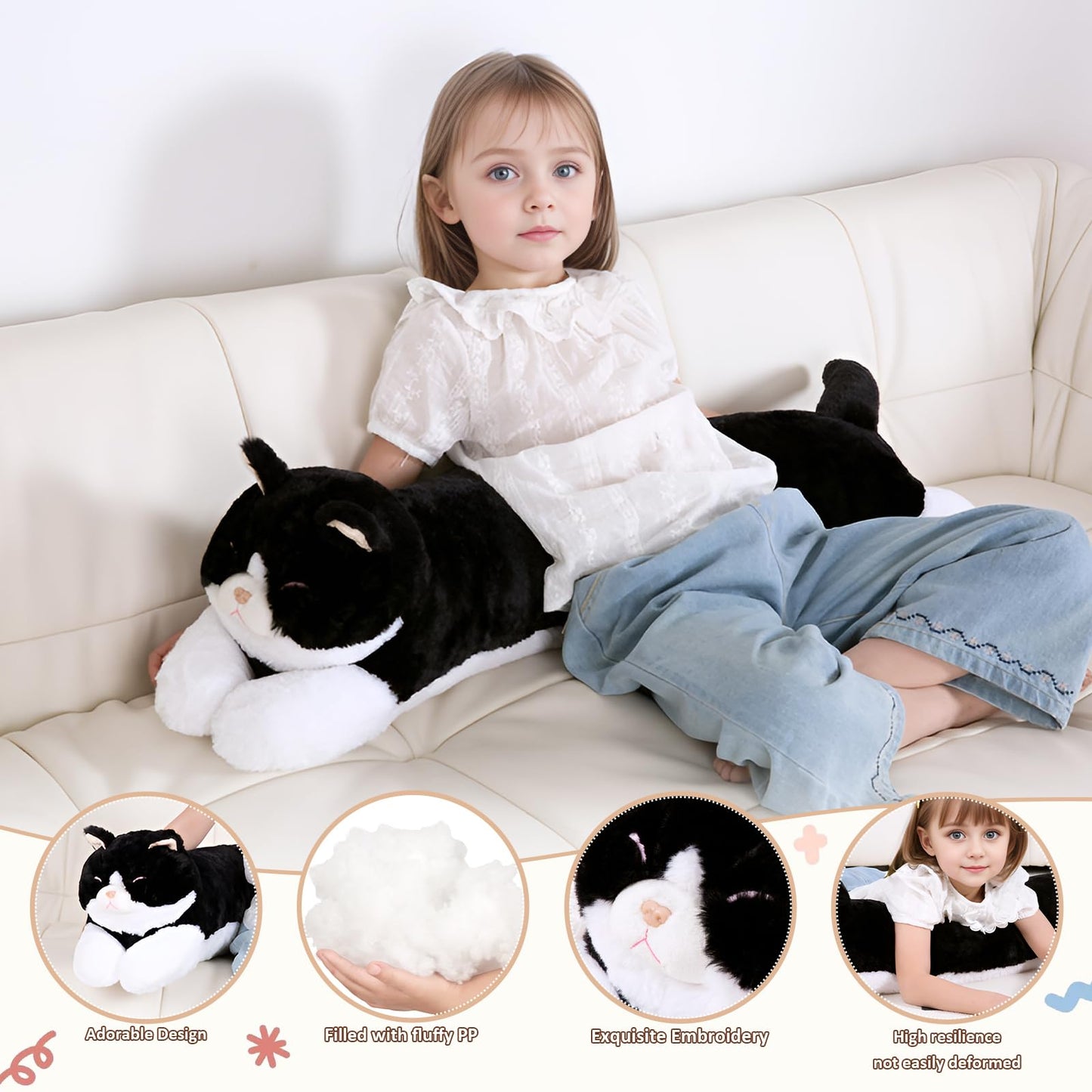 MMguai 40'' Giant Cat Plush - Jumbo Black Cat Long Body Pillow for Kids & Adults