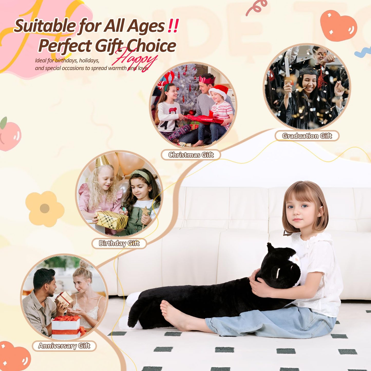 MMguai 40'' Giant Cat Plush - Jumbo Black Cat Long Body Pillow for Kids & Adults