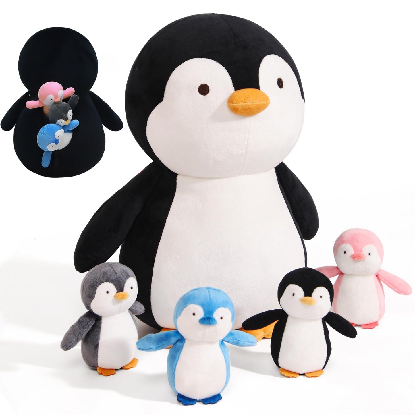 MMguai 5 Pcs Penguin Family Plush Toys – 16 Inch Mommy Penguin with 4 Babies Inside Zippered Tummy | Soft Cuddly Plushies Gift for Kids