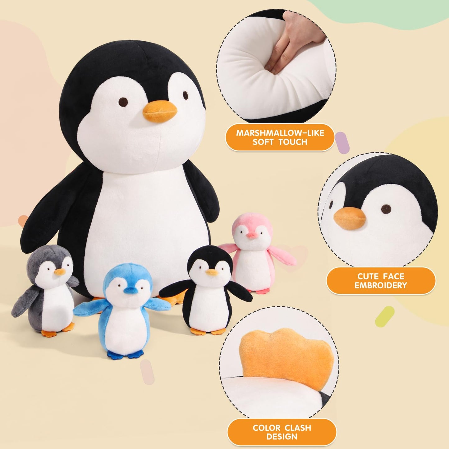MMguai 5 Pcs Penguin Family Plush Toys – 16 Inch Mommy Penguin with 4 Babies Inside Zippered Tummy | Soft Cuddly Plushies Gift for Kids