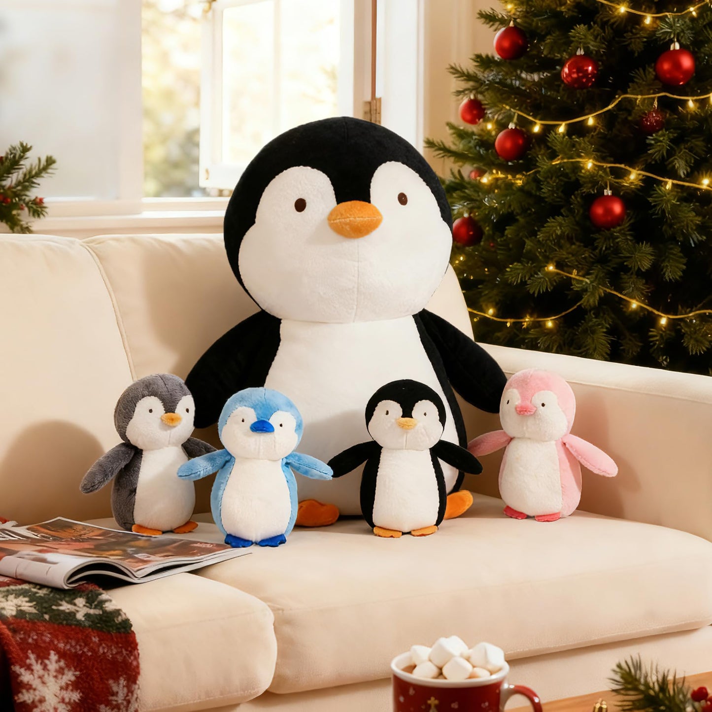 MMguai 5 Pcs Penguin Family Plush Toys – 16 Inch Mommy Penguin with 4 Babies Inside Zippered Tummy | Soft Cuddly Plushies Gift for Kids