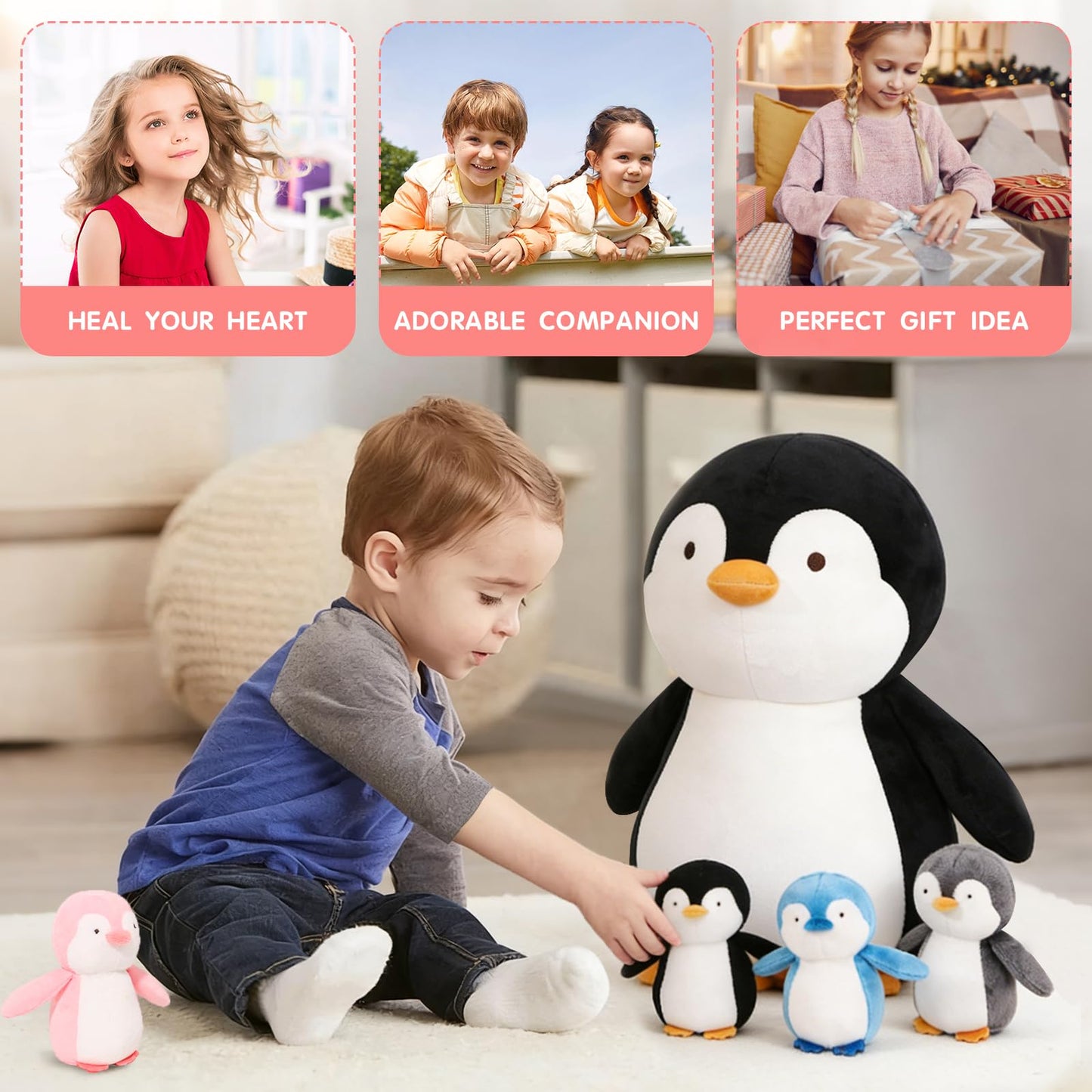 MMguai 5 Pcs Penguin Family Plush Toys – 16 Inch Mommy Penguin with 4 Babies Inside Zippered Tummy | Soft Cuddly Plushies Gift for Kids
