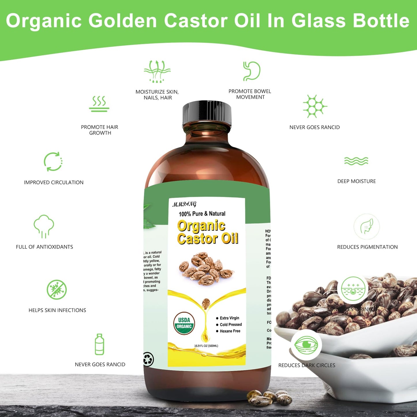 MMPANG Organic Castor Oil – 16.9oz, 100% Pure, Cold-Pressed, Hexane-Free