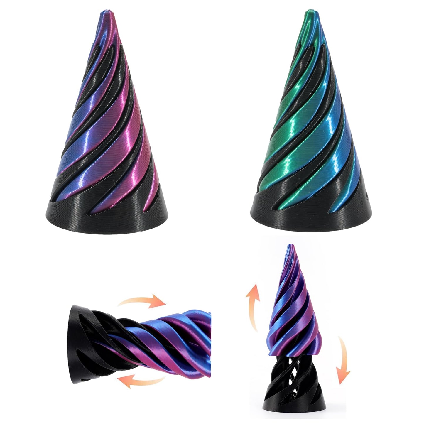 MNSZCN Impossible Cone & Spiral Cone Fidget Toy (Gradient Color, 2pcs) – 3D Printed Passthrough Pyramid