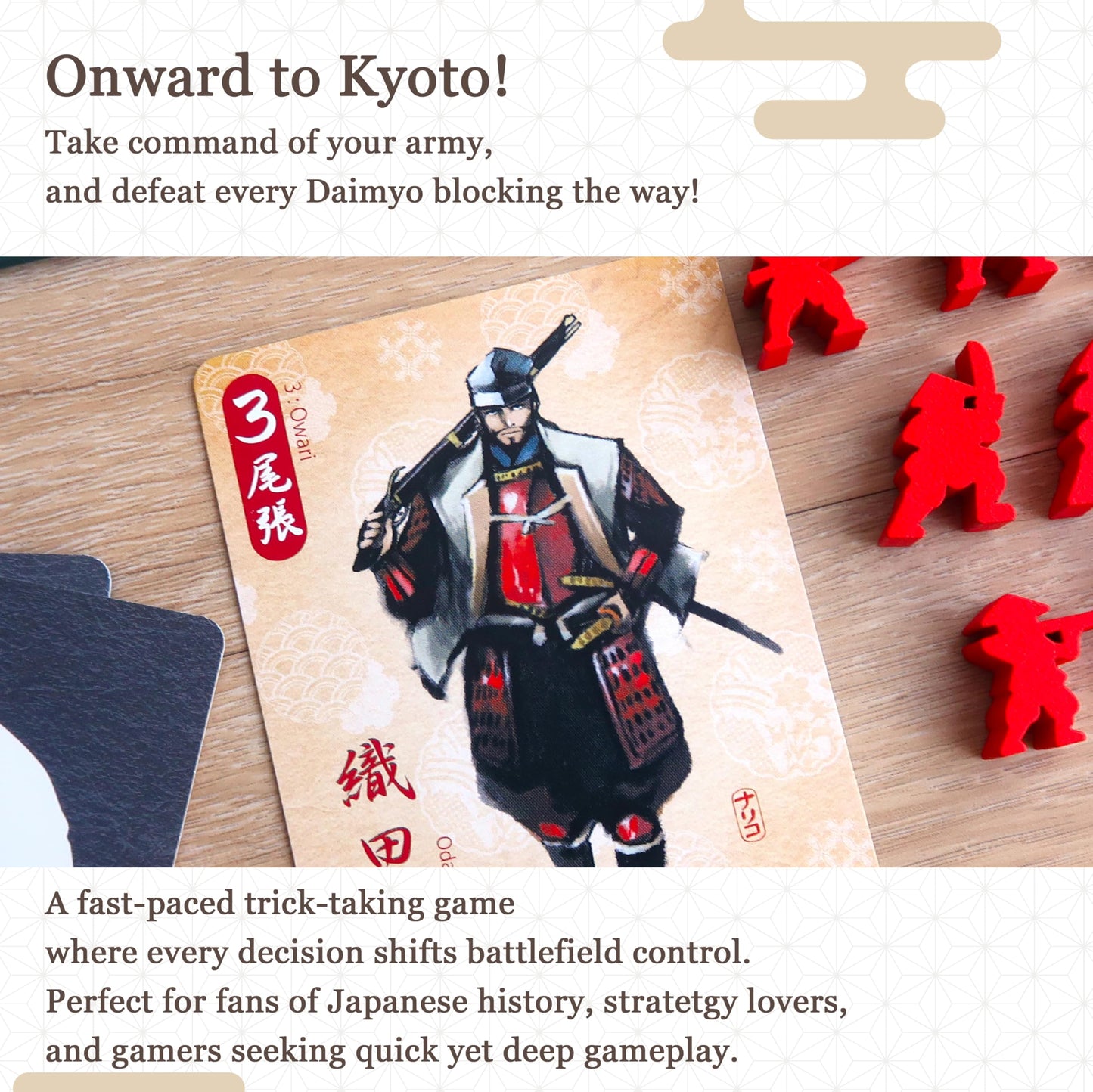 Moaideas Game Design Joraku Deluxe Strategy Board Game — 40 Wooden Samurai Meeples, Area Control & Trick-Taking, 2-4 Players