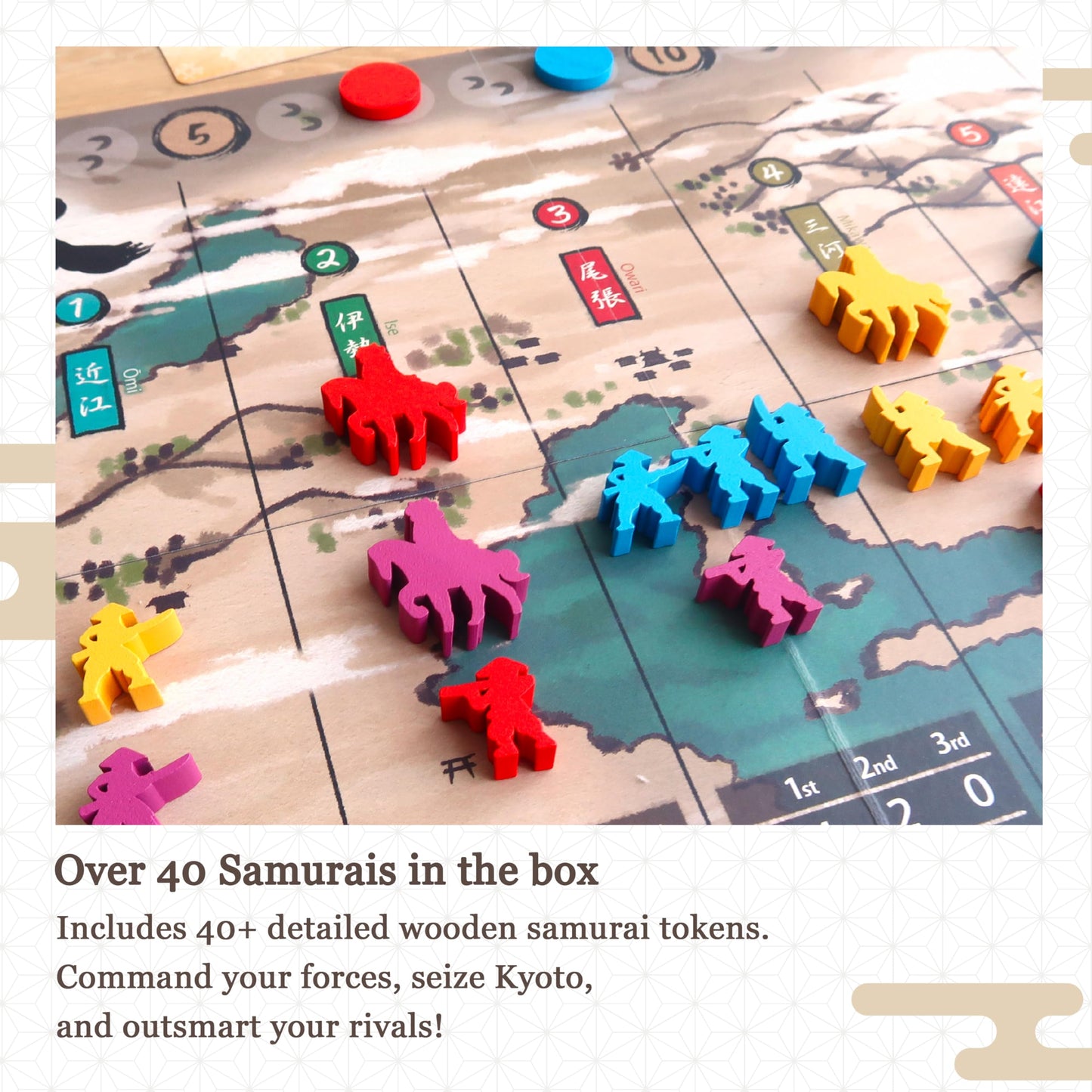 Moaideas Game Design Joraku Deluxe Strategy Board Game — 40 Wooden Samurai Meeples, Area Control & Trick-Taking, 2-4 Players