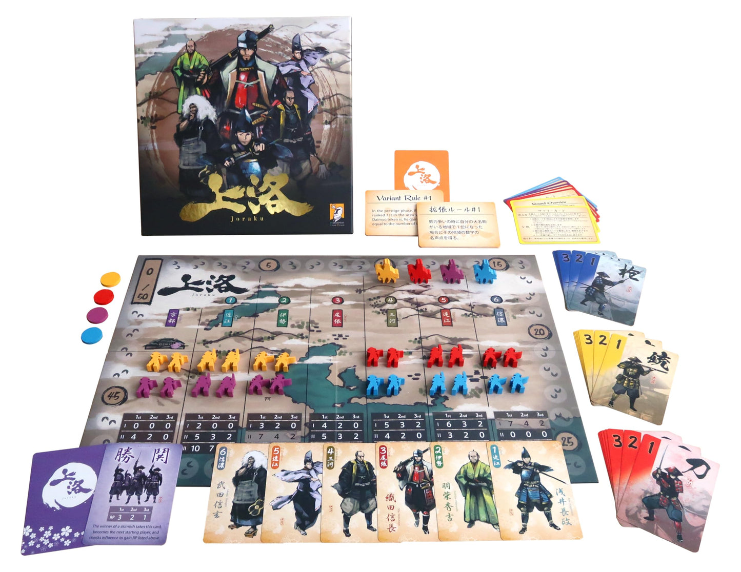 Moaideas Game Design Joraku Deluxe Strategy Board Game — 40 Wooden Samurai Meeples, Area Control & Trick-Taking, 2-4 Players
