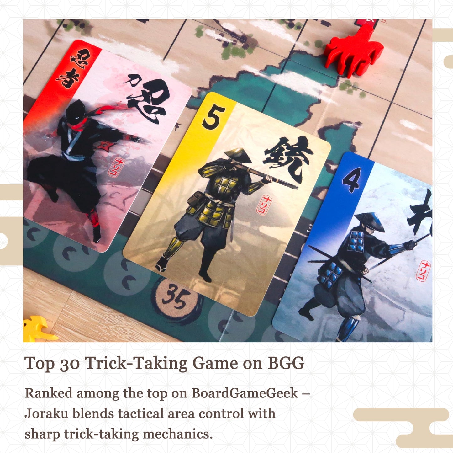 Moaideas Game Design Joraku Deluxe Strategy Board Game — 40 Wooden Samurai Meeples, Area Control & Trick-Taking, 2-4 Players