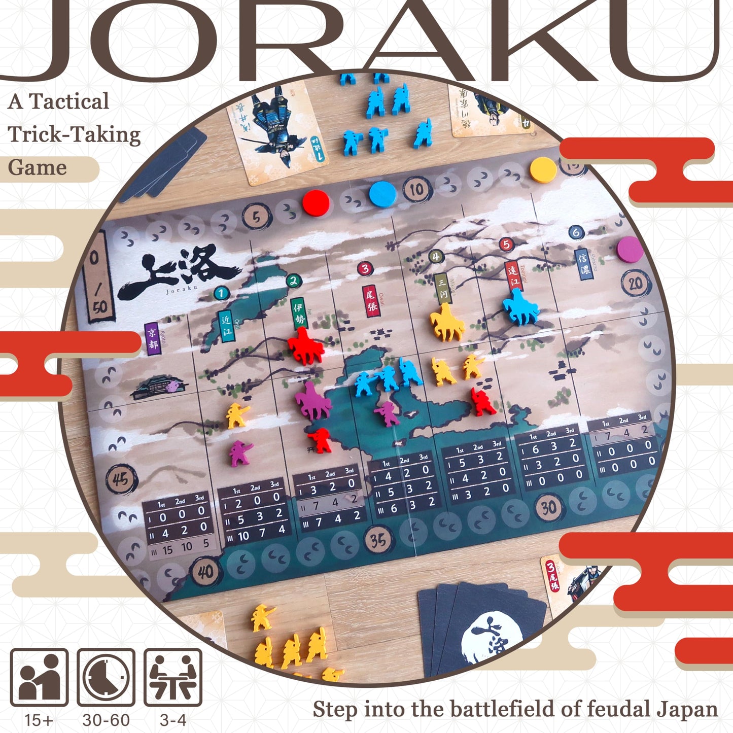 Moaideas Game Design Joraku Deluxe Strategy Board Game — 40 Wooden Samurai Meeples, Area Control & Trick-Taking, 2-4 Players