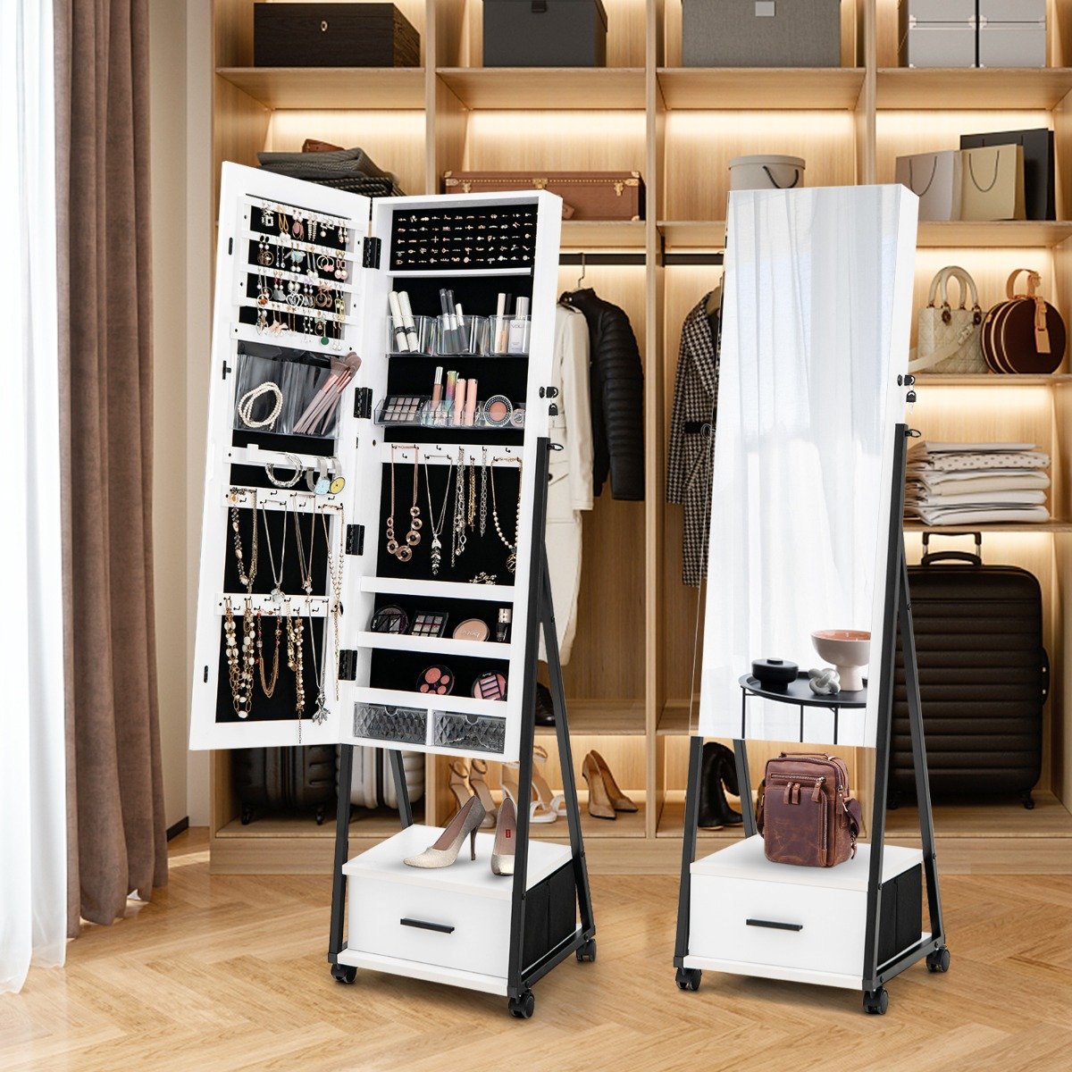 Mobile Standing Lockable Jewelry Cabinet with Full Length Mirror-Black