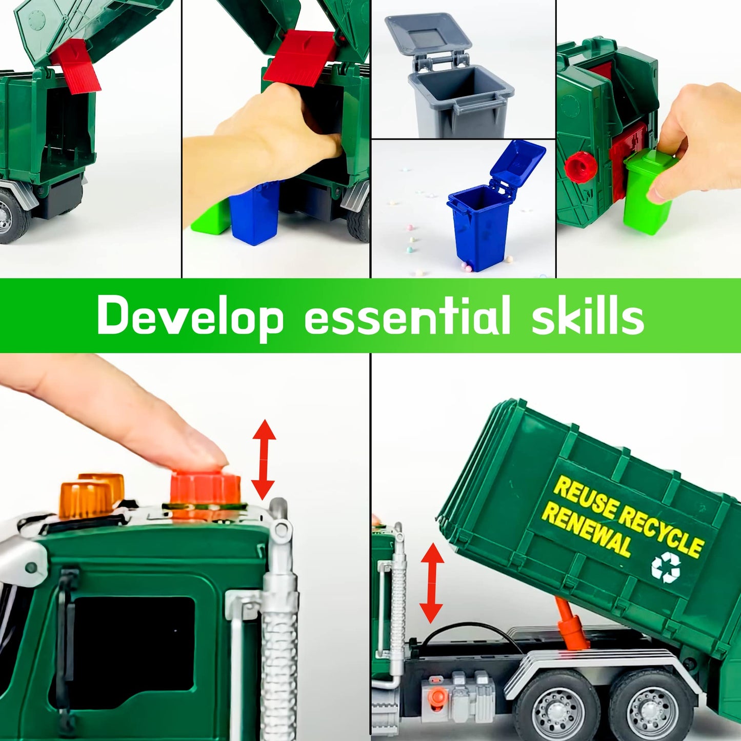 Mobius Garbage Truck Toy – Lights, Sounds, and 3 Recycling Cans for Kids 3–7