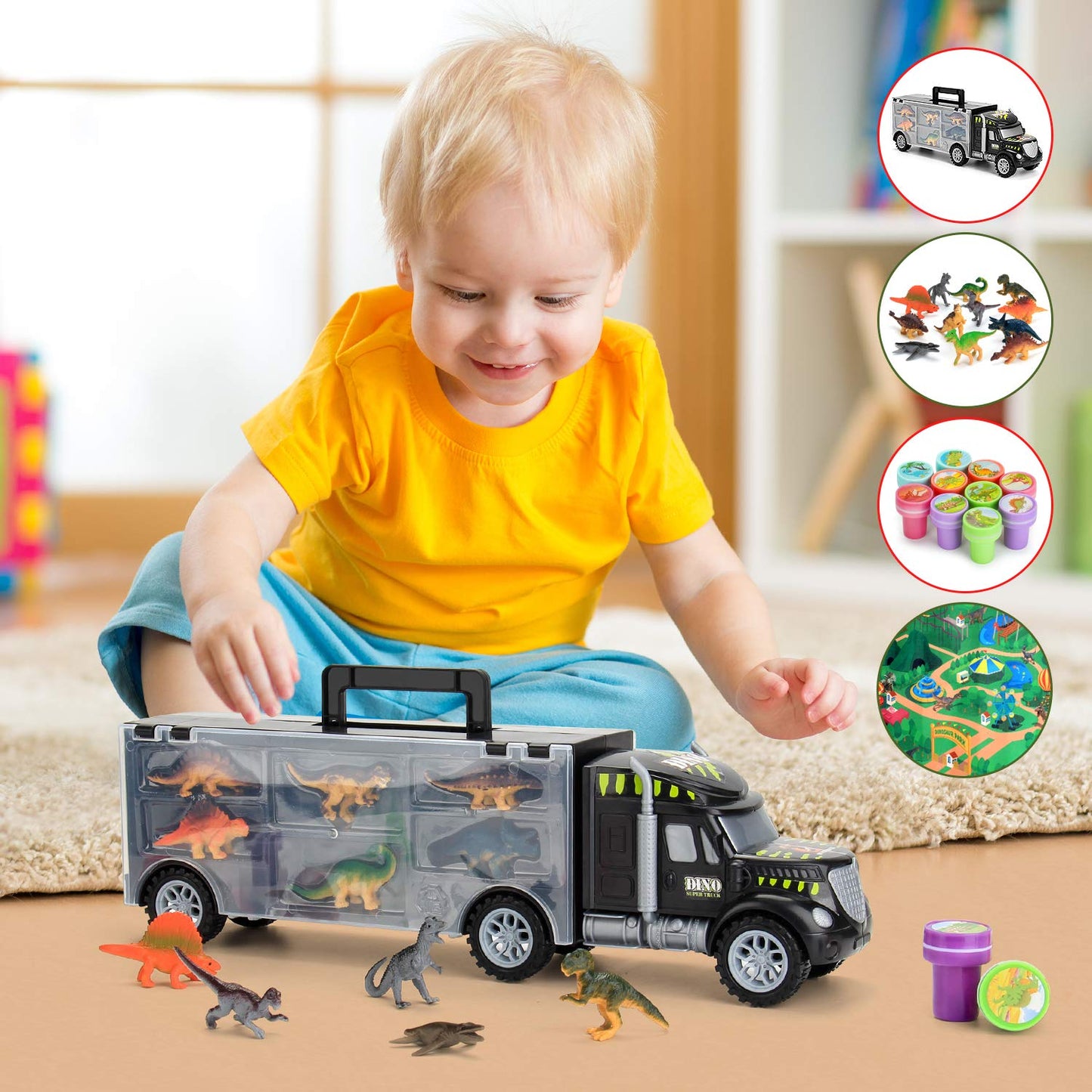 MOBIUS Toys Dinosaur Truck Carrier – 12 Realistic Dinos for Kids 3-7 | Durable Indoor/Outdoor Play