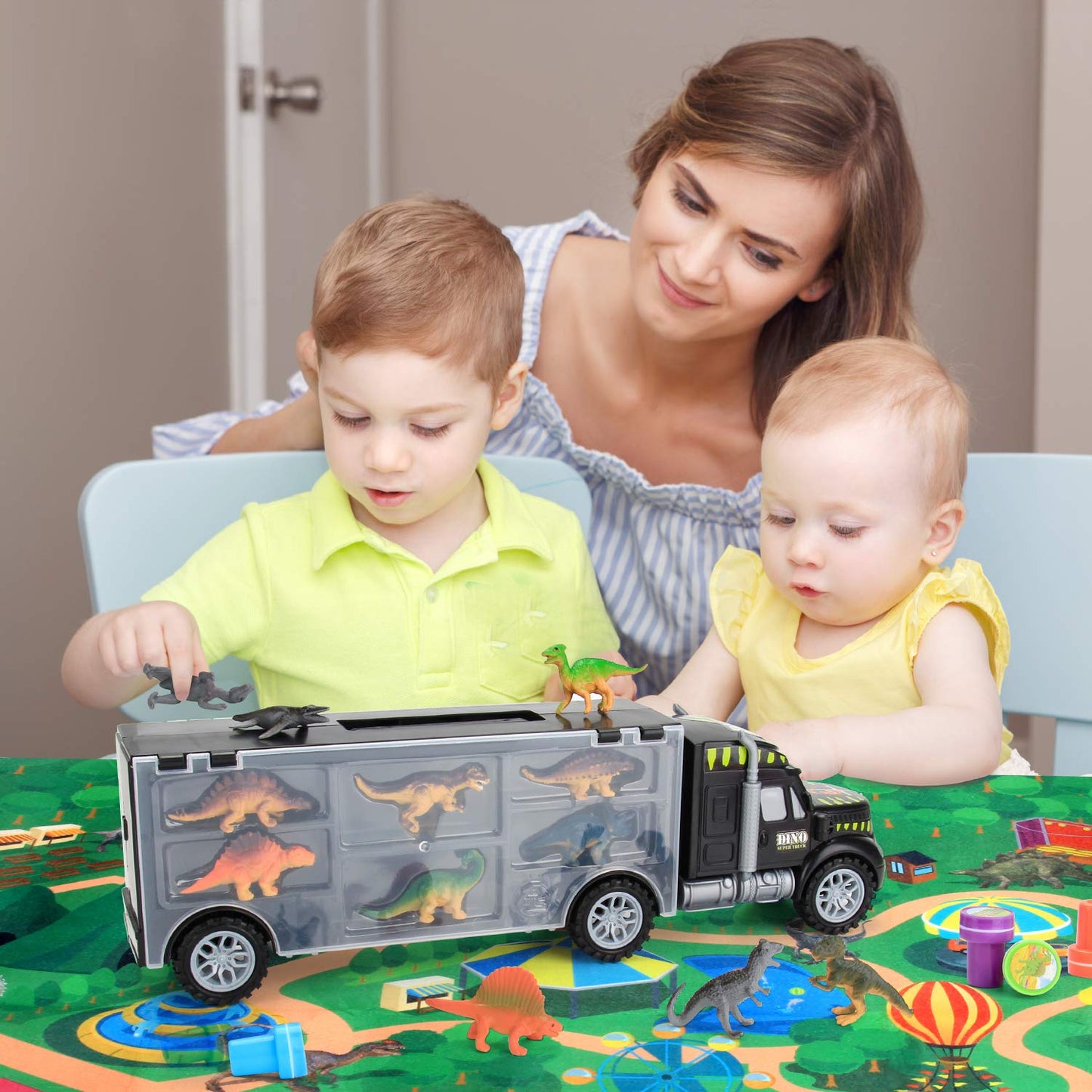 MOBIUS Toys Dinosaur Truck Carrier – 12 Realistic Dinos for Kids 3-7 | Durable Indoor/Outdoor Play