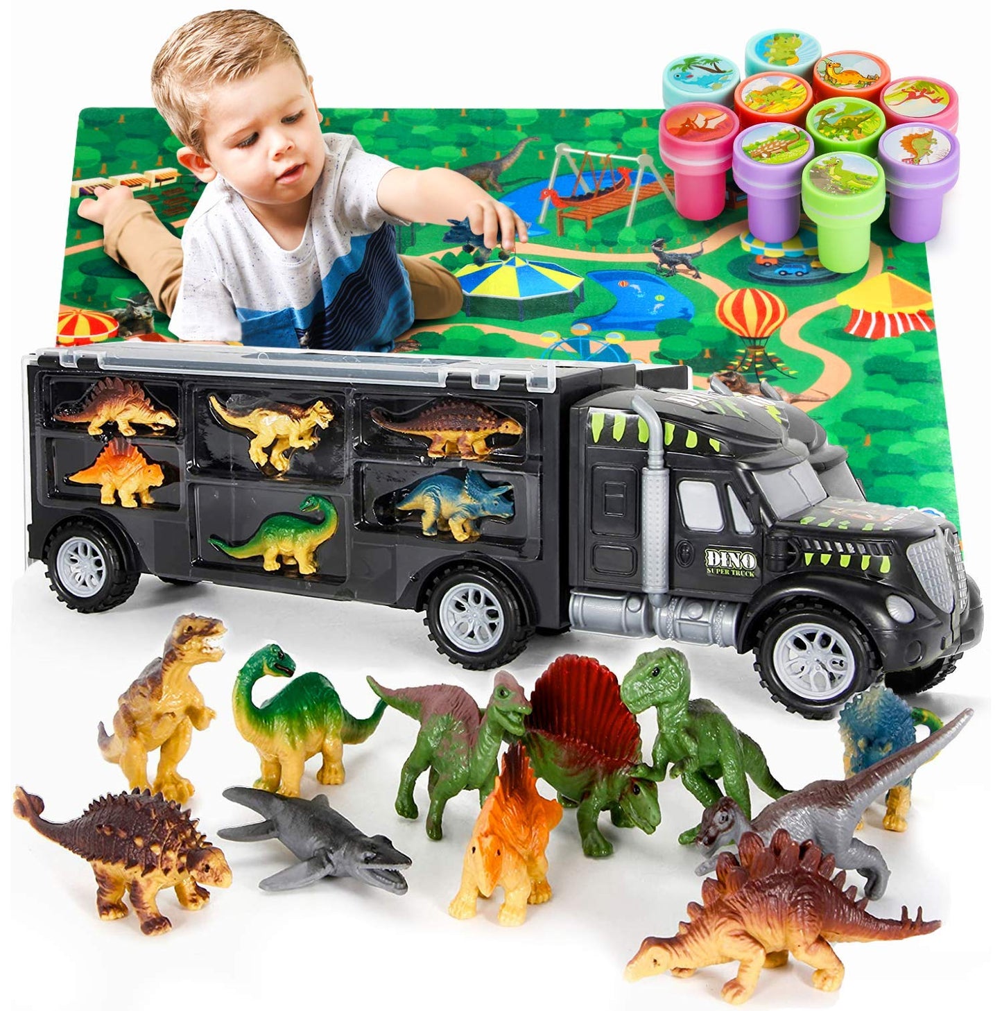 MOBIUS Toys Dinosaur Truck Carrier – 12 Realistic Dinos for Kids 3-7 | Durable Indoor/Outdoor Play