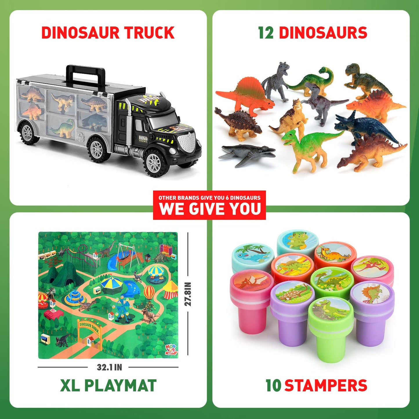 MOBIUS Toys Dinosaur Truck Carrier – 12 Realistic Dinos for Kids 3-7 | Durable Indoor/Outdoor Play