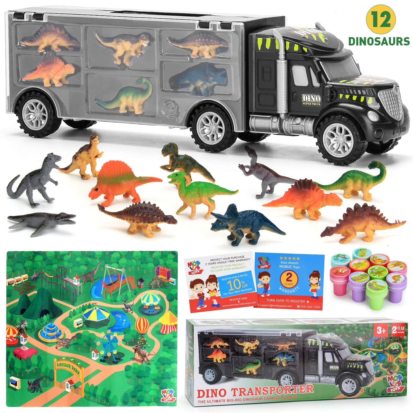 MOBIUS Toys Dinosaur Truck Carrier – 12 Realistic Dinos for Kids 3-7 | Durable Indoor/Outdoor Play