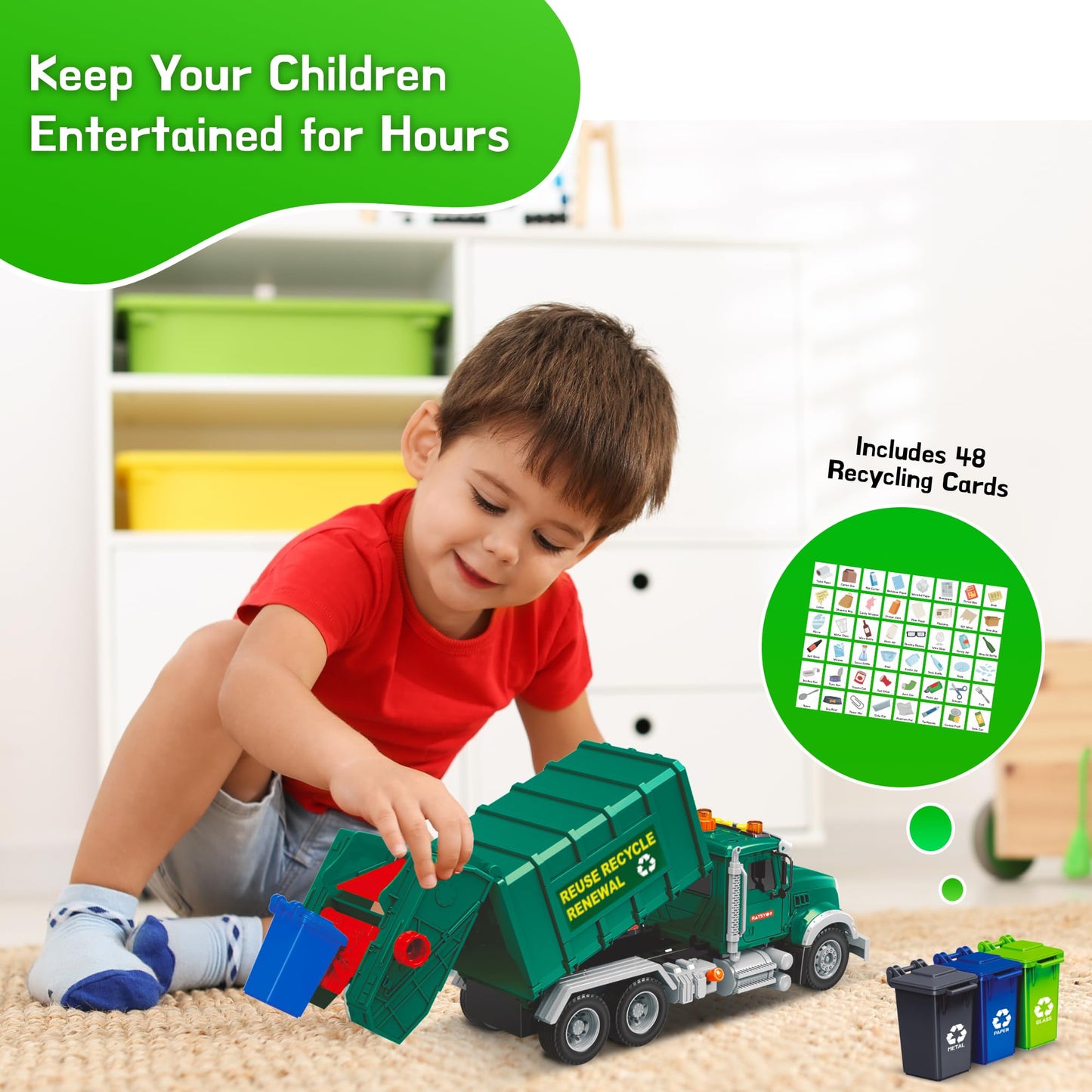 Mobius Garbage Truck Toy – Lights, Sounds, and 3 Recycling Cans for Kids 3–7