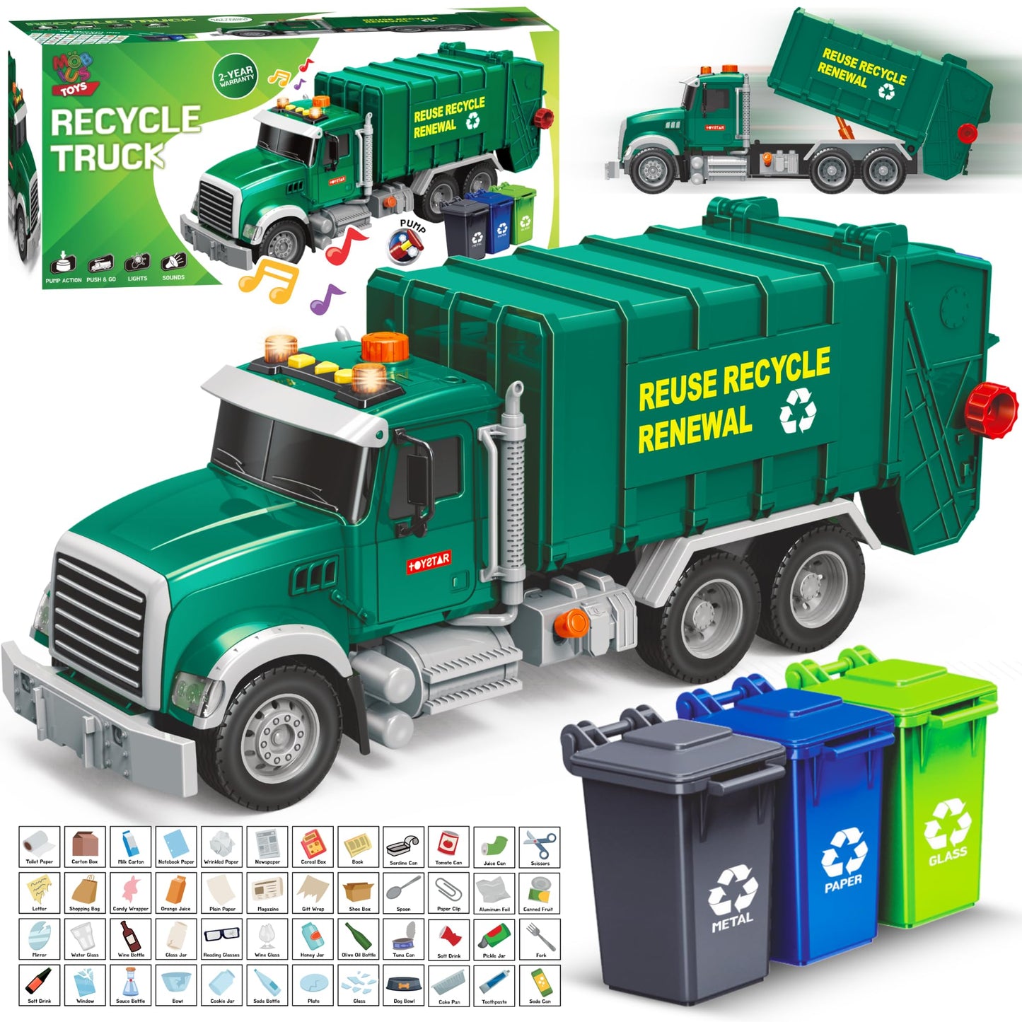 Mobius Garbage Truck Toy – Lights, Sounds, and 3 Recycling Cans for Kids 3–7
