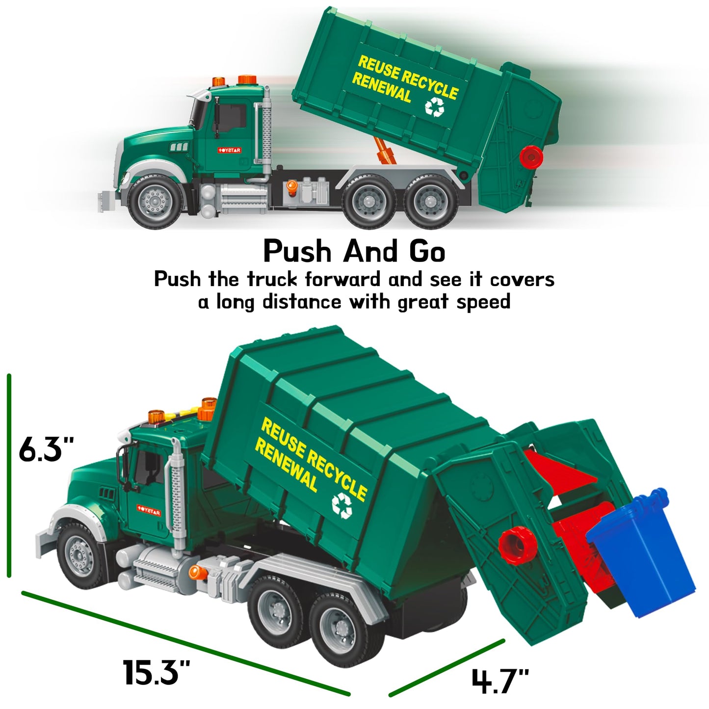Mobius Garbage Truck Toy – Lights, Sounds, and 3 Recycling Cans for Kids 3–7