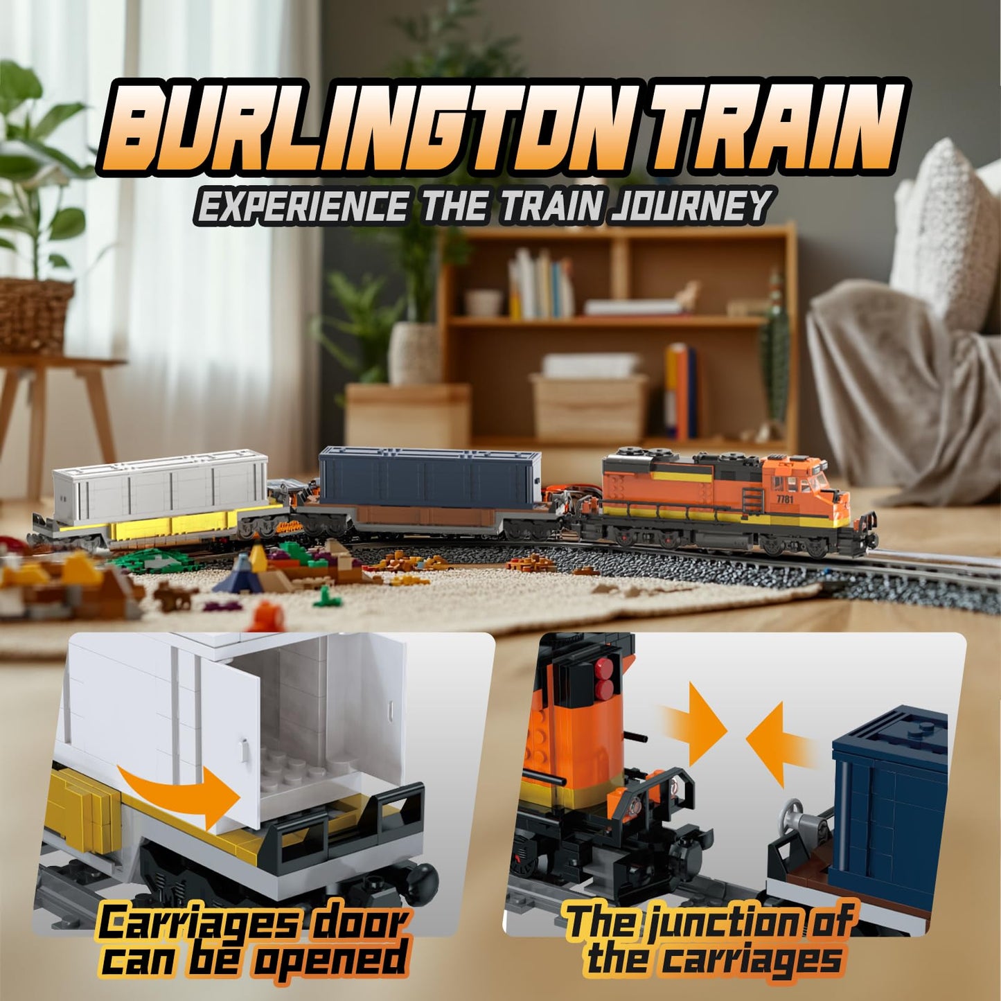 MOCBROPCS Burlington Train Building Set – Motorized Head, 2 Carriages, 32 Tracks, 1065 Pieces | Gift for Teens 12-16