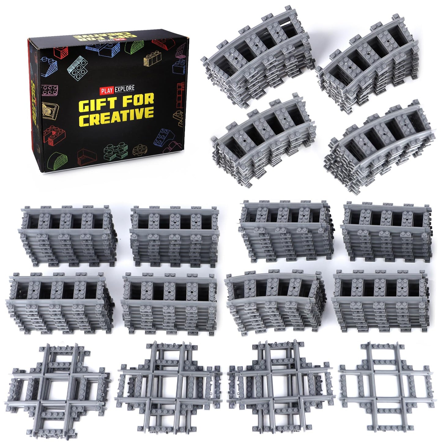 MOCBROPCS 103pcs City Train Tracks Extension Set — 56 Curved, 40 Straight, 7 Crossing Rails (60205/60238 Compatible)