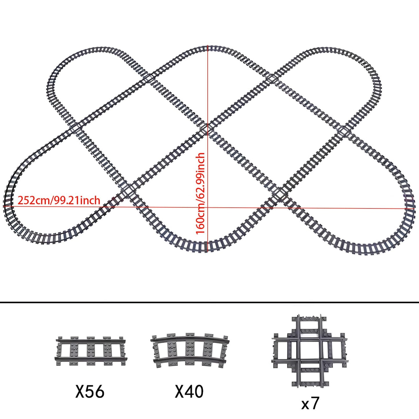 MOCBROPCS 103pcs City Train Tracks Extension Set — 56 Curved, 40 Straight, 7 Crossing Rails (60205/60238 Compatible)