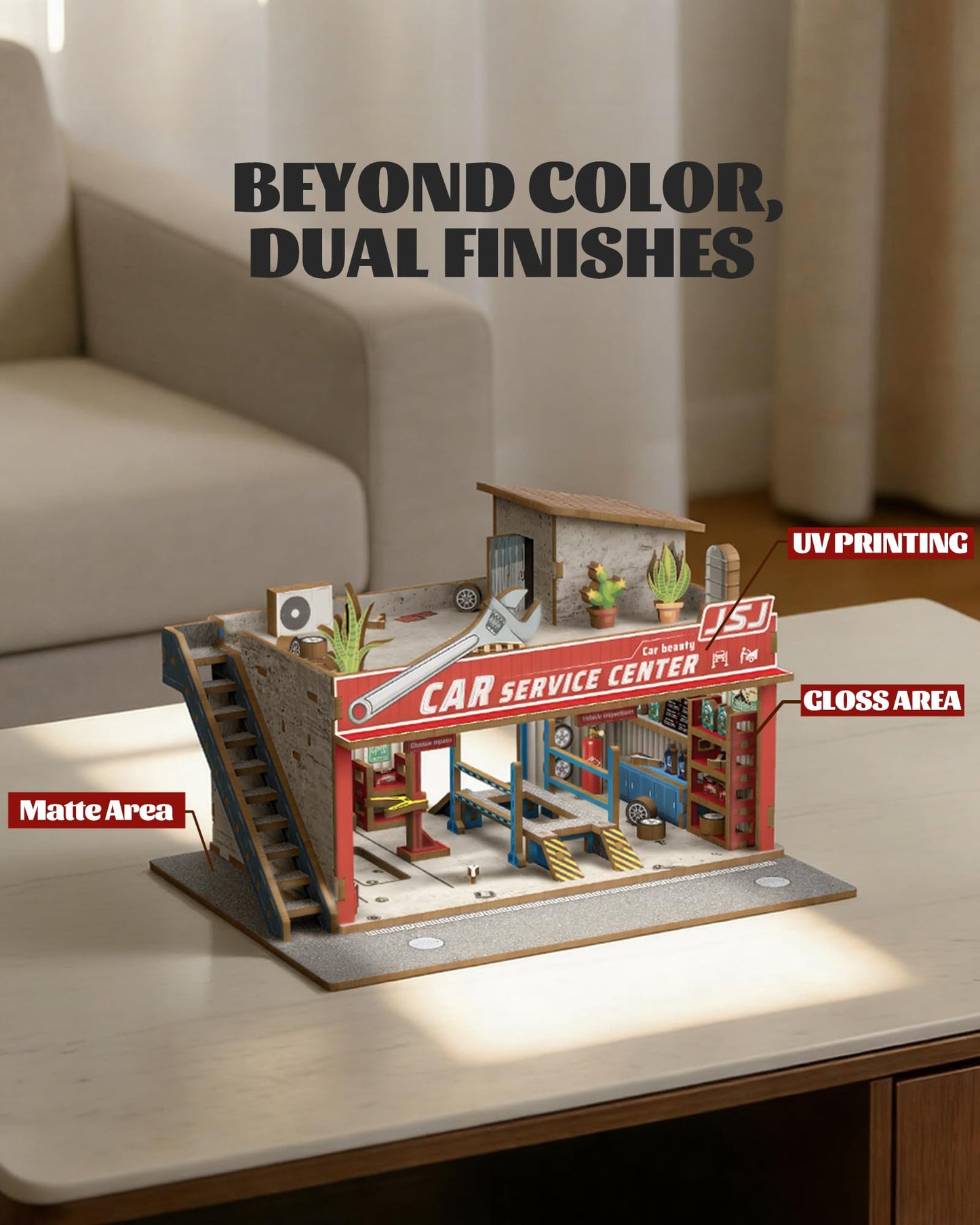 MOCBURIKU 1/64 Scale Wooden Diorama with LED Lights – Holds 4 Die-Cast Cars (Auto Repair Shop)