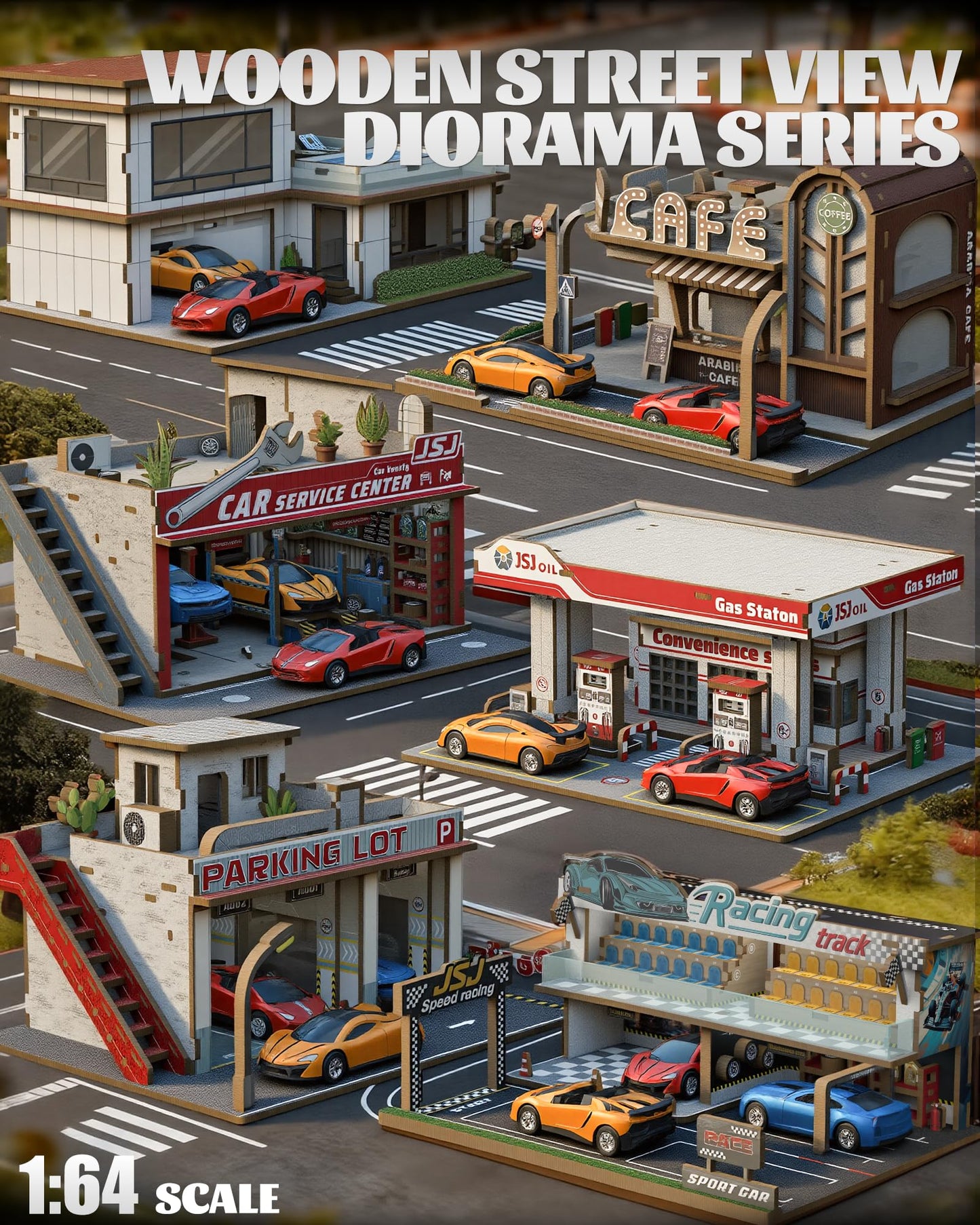 MOCBURIKU 1/64 Scale Wooden Diorama with LED Lights – Holds 4 Die-Cast Cars (Auto Repair Shop)