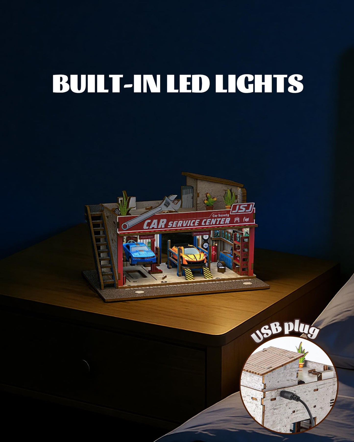 MOCBURIKU 1/64 Scale Wooden Diorama with LED Lights – Holds 4 Die-Cast Cars (Auto Repair Shop)