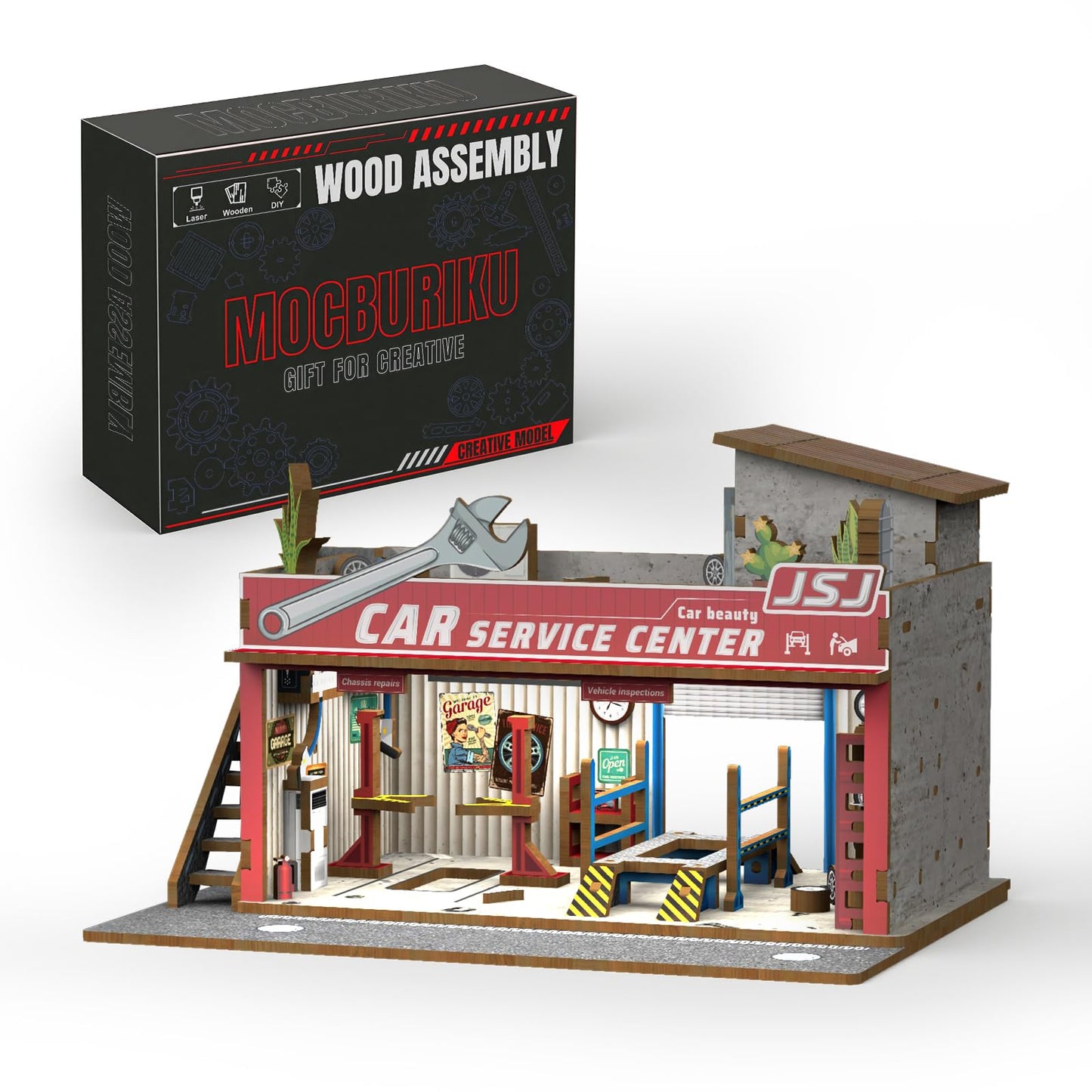 MOCBURIKU 1/64 Scale Wooden Diorama with LED Lights – Holds 4 Die-Cast Cars (Auto Repair Shop)