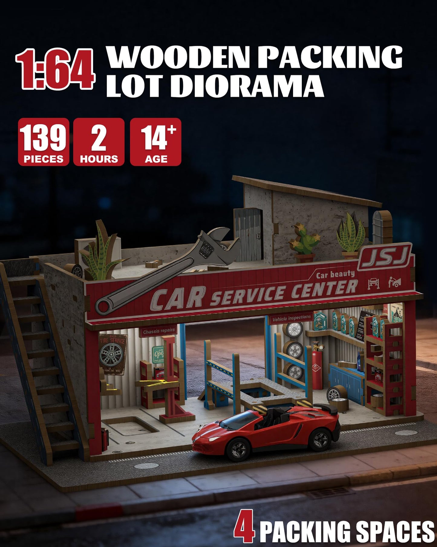 MOCBURIKU 1/64 Scale Wooden Diorama with LED Lights – Holds 4 Die-Cast Cars (Auto Repair Shop)