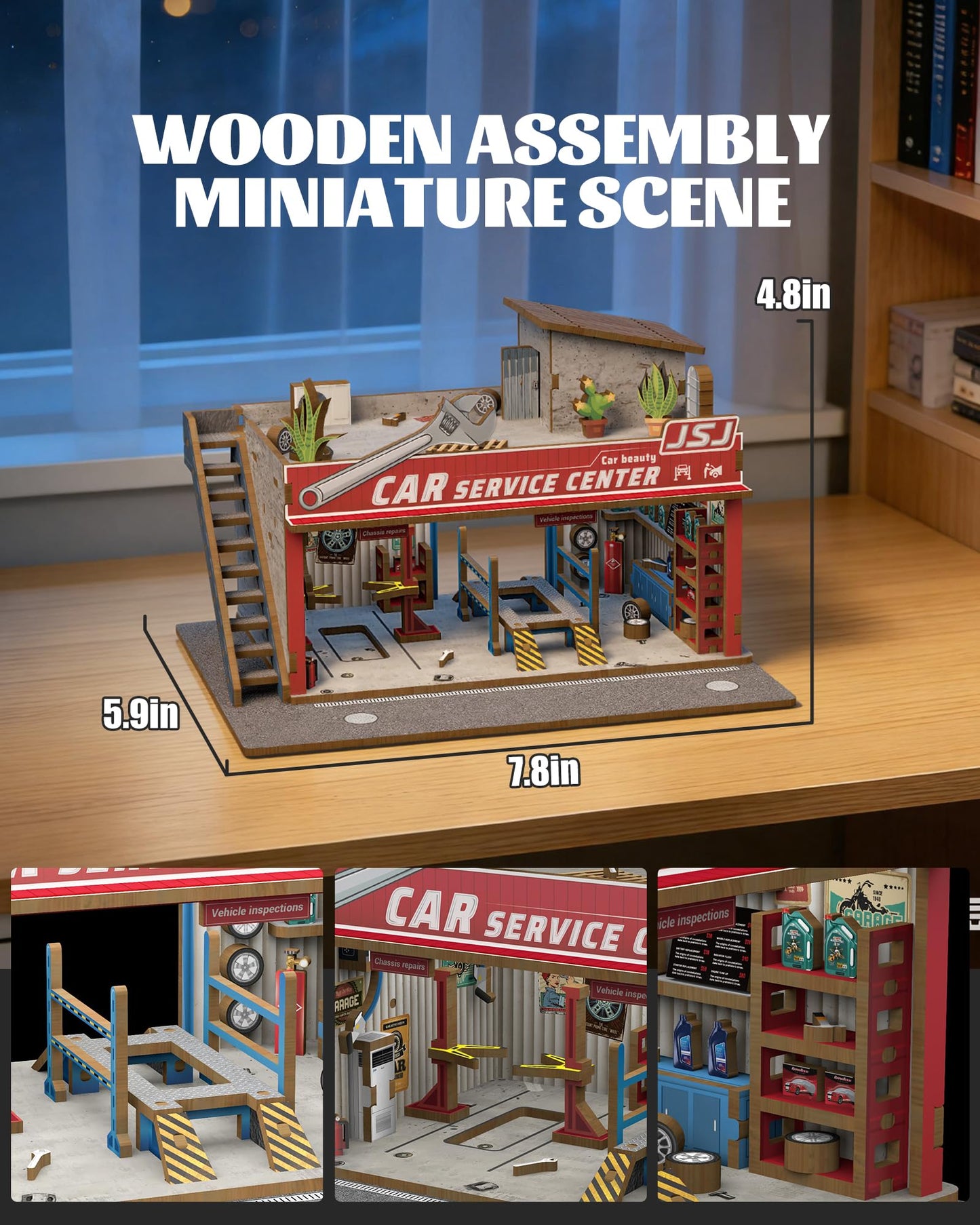 MOCBURIKU 1/64 Scale Wooden Diorama with LED Lights – Holds 4 Die-Cast Cars (Auto Repair Shop)
