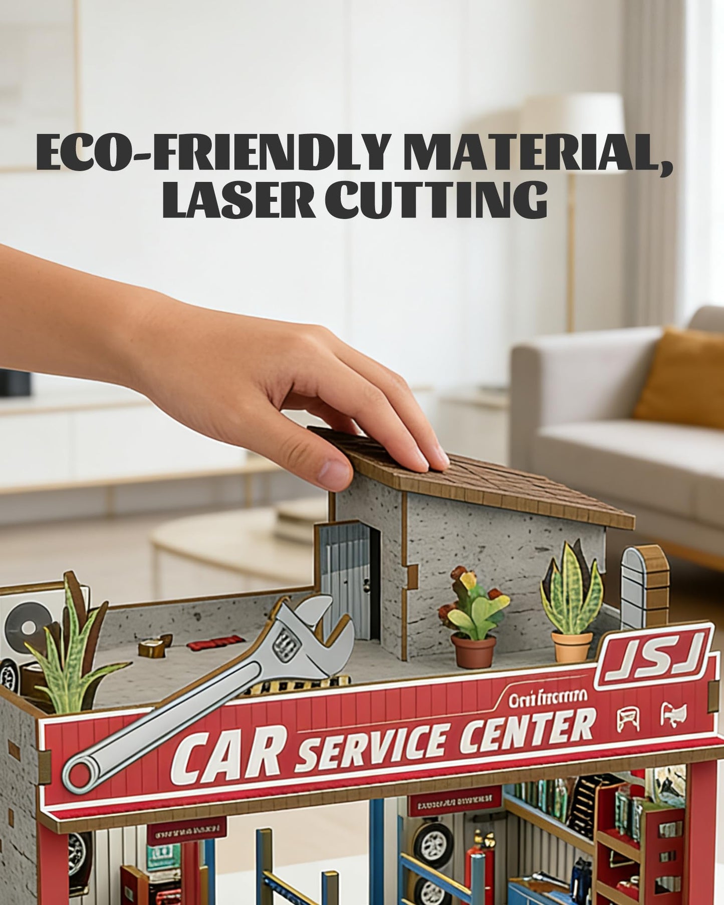 MOCBURIKU 1/64 Scale Wooden Diorama with LED Lights – Holds 4 Die-Cast Cars (Auto Repair Shop)