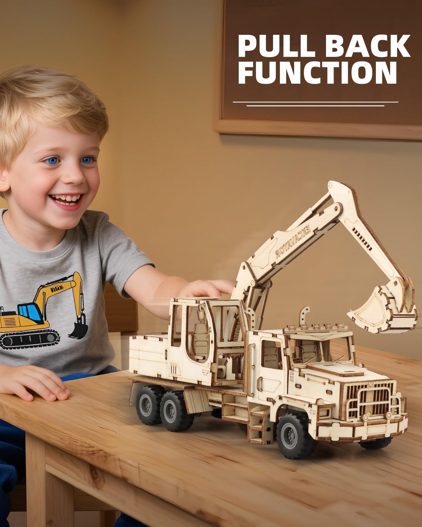 MOCBURIKU 3D Excavator Puzzle for Adults — 1:18 Wooden Model Kit with Pull-Back