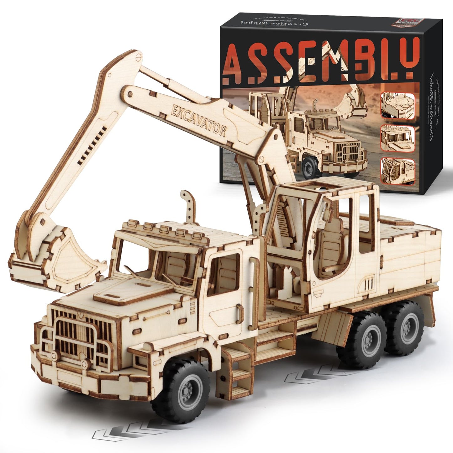 MOCBURIKU 3D Excavator Puzzle for Adults — 1:18 Wooden Model Kit with Pull-Back