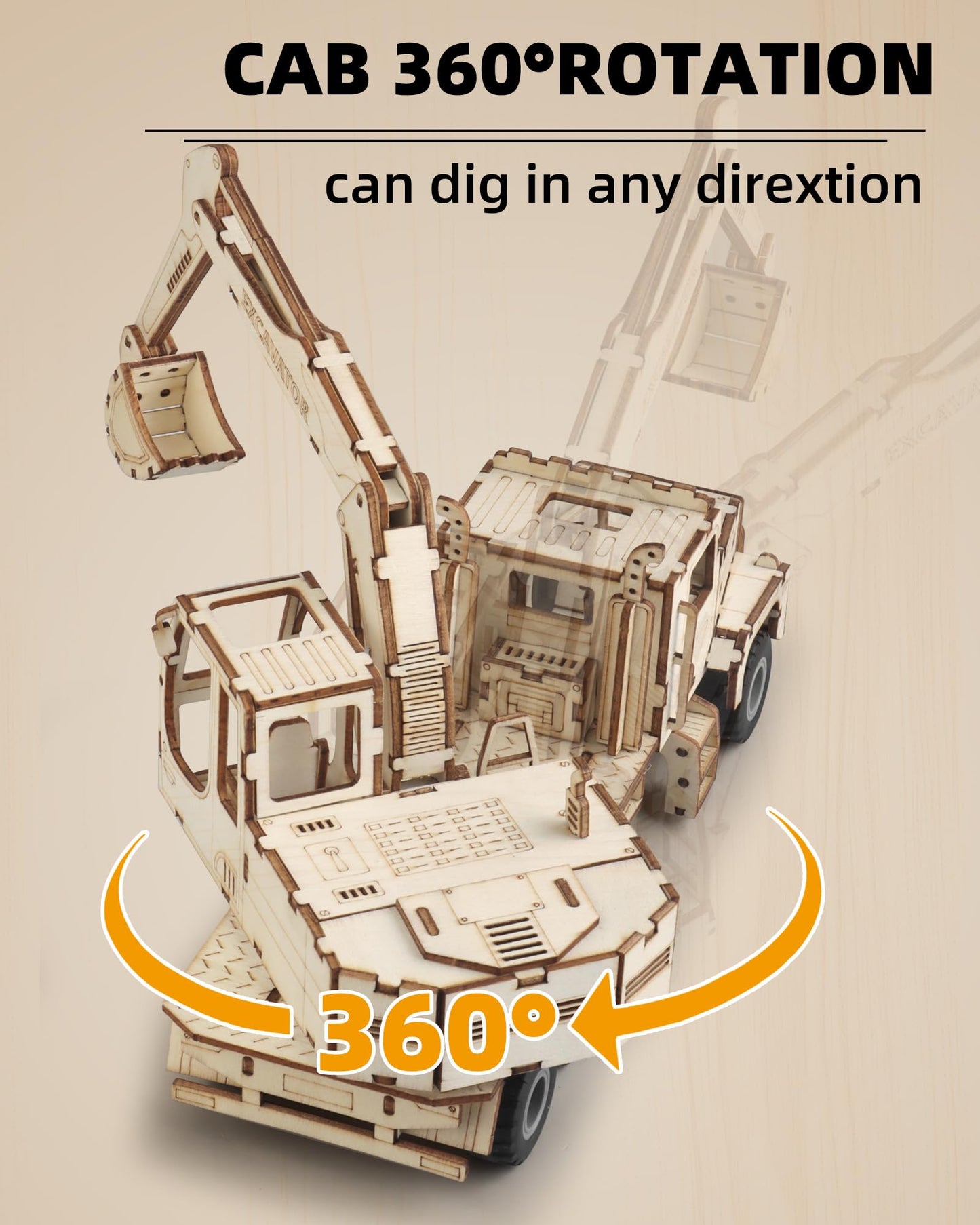 MOCBURIKU 3D Excavator Puzzle for Adults — 1:18 Wooden Model Kit with Pull-Back